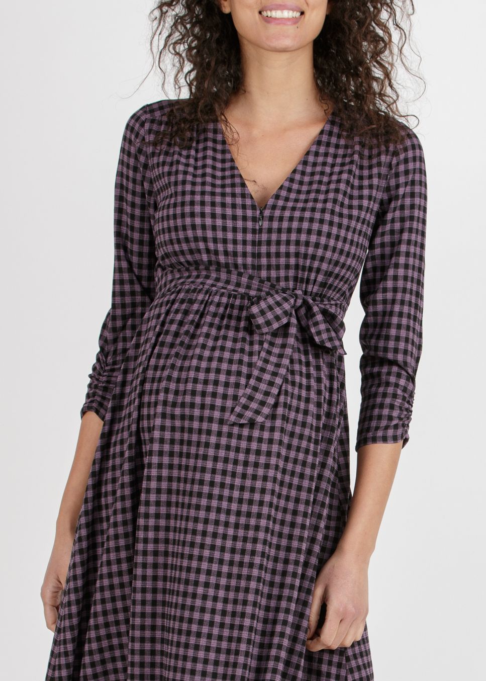 YLENIA - Gingham Midi Maternity & Nursing Dress (Glicine, XS)