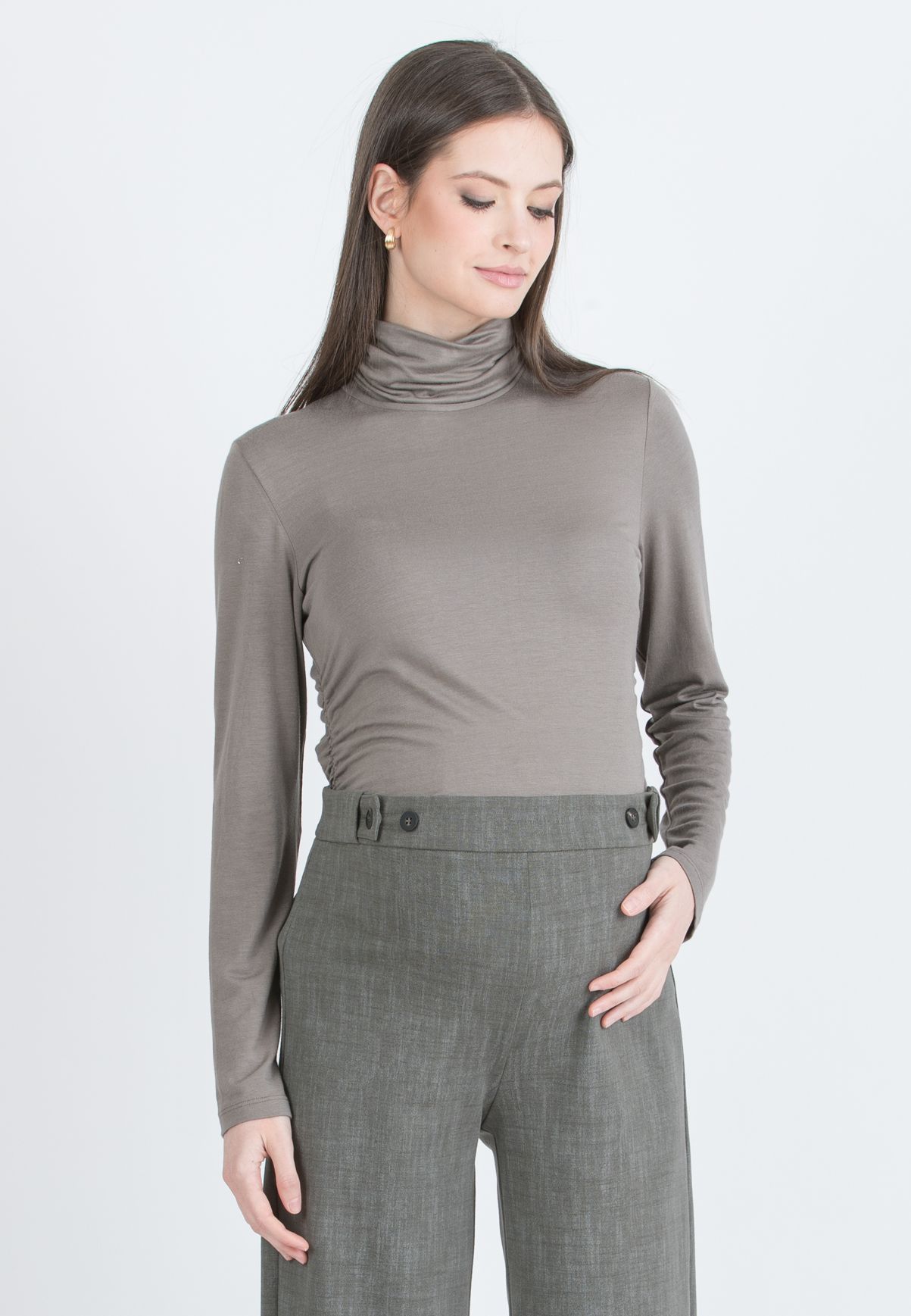 LARA - Long Sleeve Turtleneck Maternity Top with Side Gatherings (Fango)