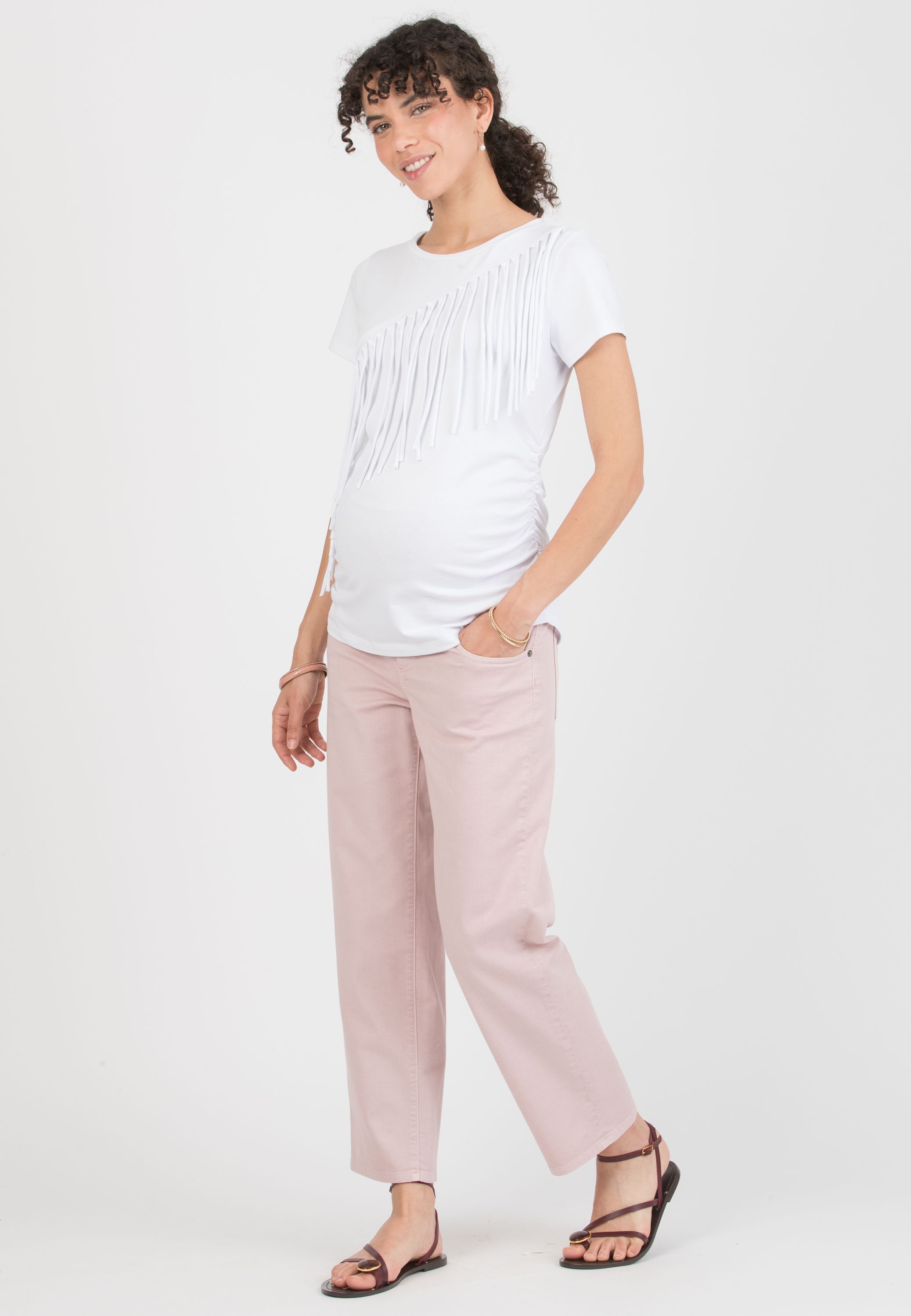 ARYNA - T-shirt Premaman in Cotone con Frange (Bianco Ottico, XS)