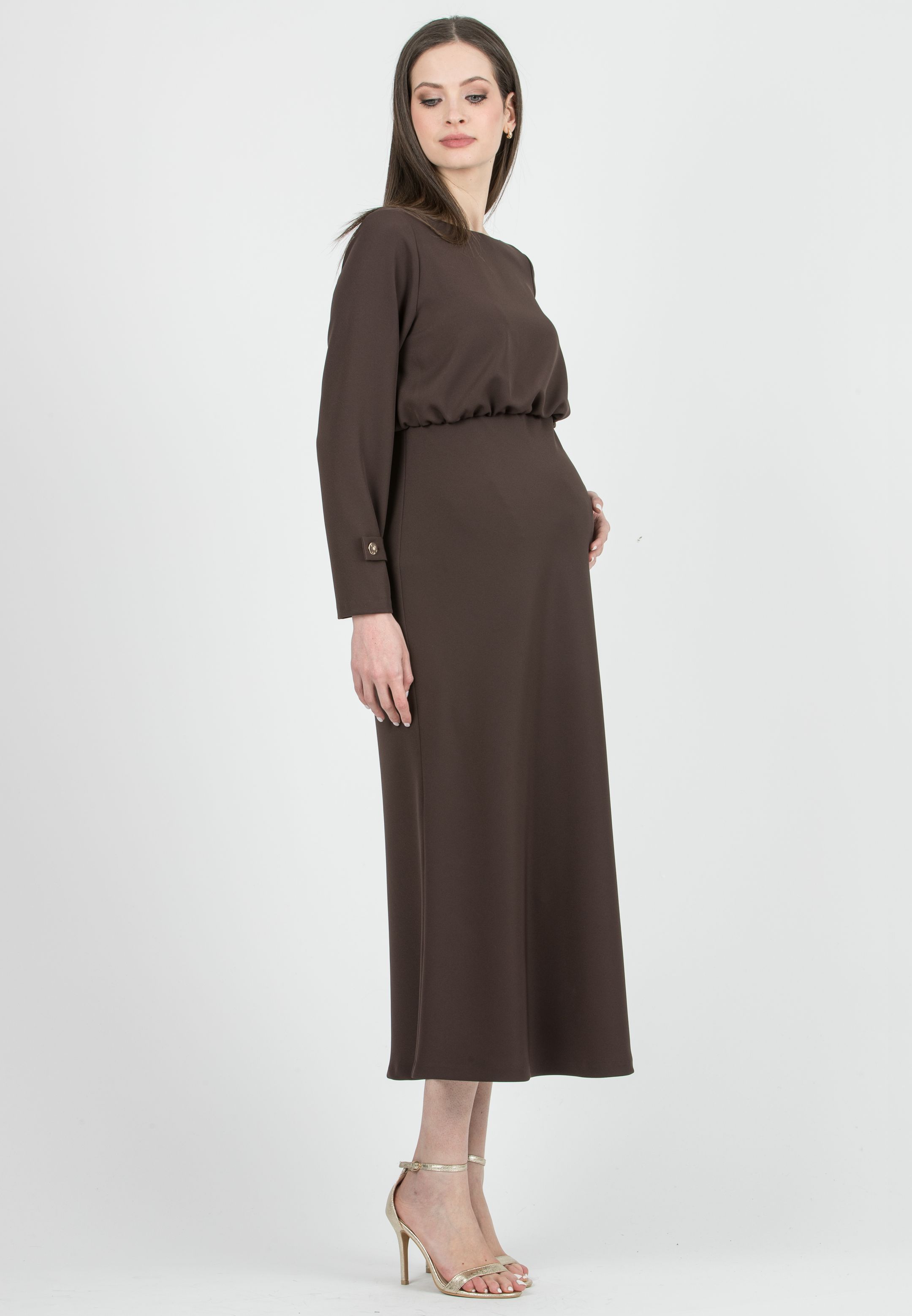 CHANTAL - Maternity Dress with Boat Neckline and Bias Cut Skirt (Marrone)