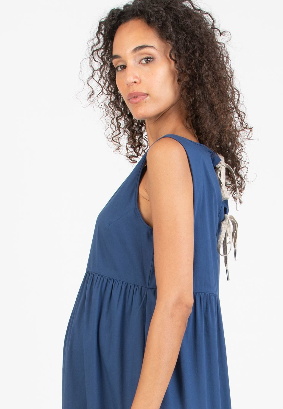 Abito Midi Premaman a Balze con Chiusura a Laccetti (Blu, XS)