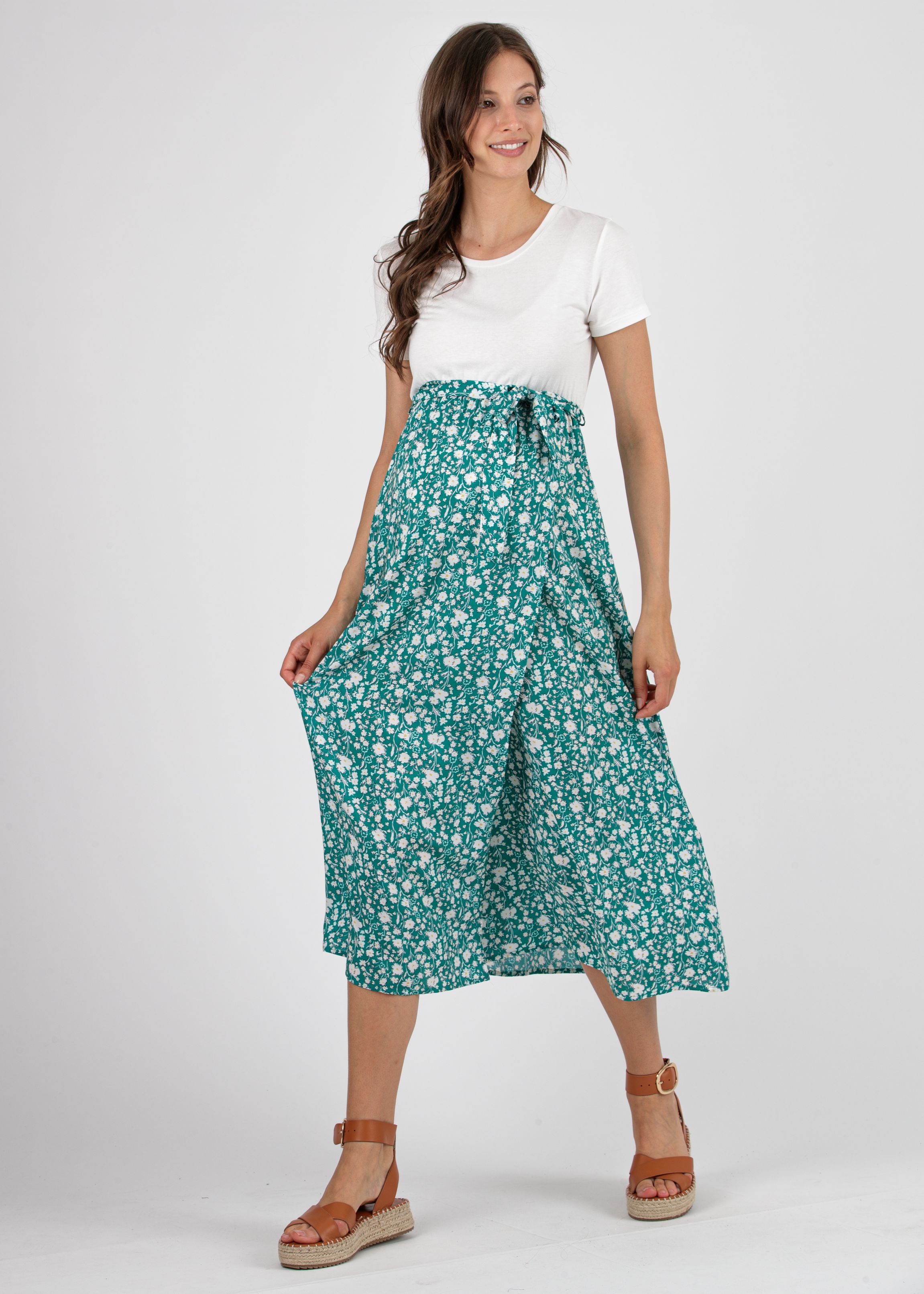 Midi Maternity Dress with Floral Printed Wraparound Skirt (Green, XS)