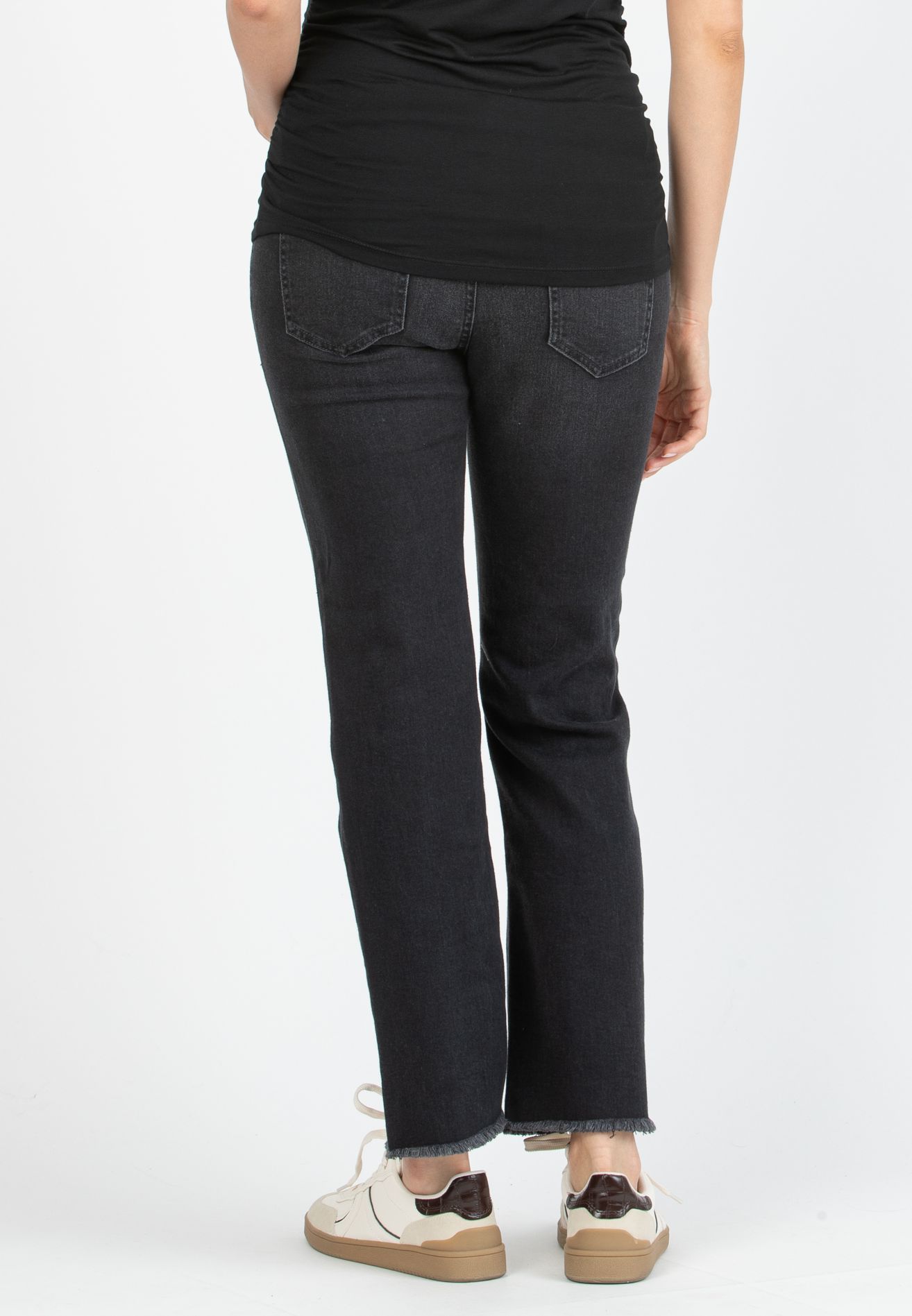 GIADA BLACK - Cropped Straight Maternity Jeans with Fringed Hem (Nero)