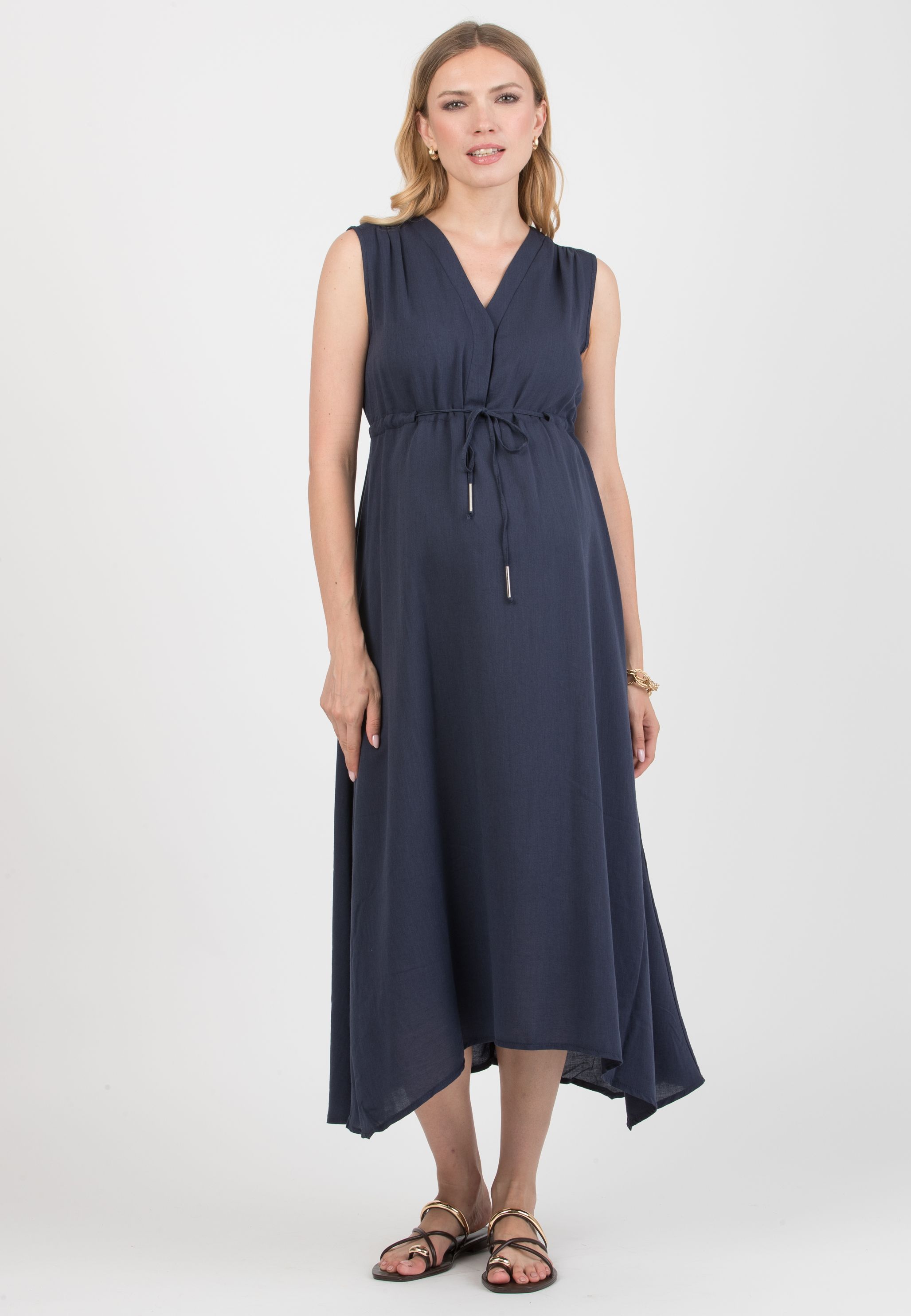 IRENE - Midi Maternity & Nursing Dress in Tencel with Drawstring (Blu)