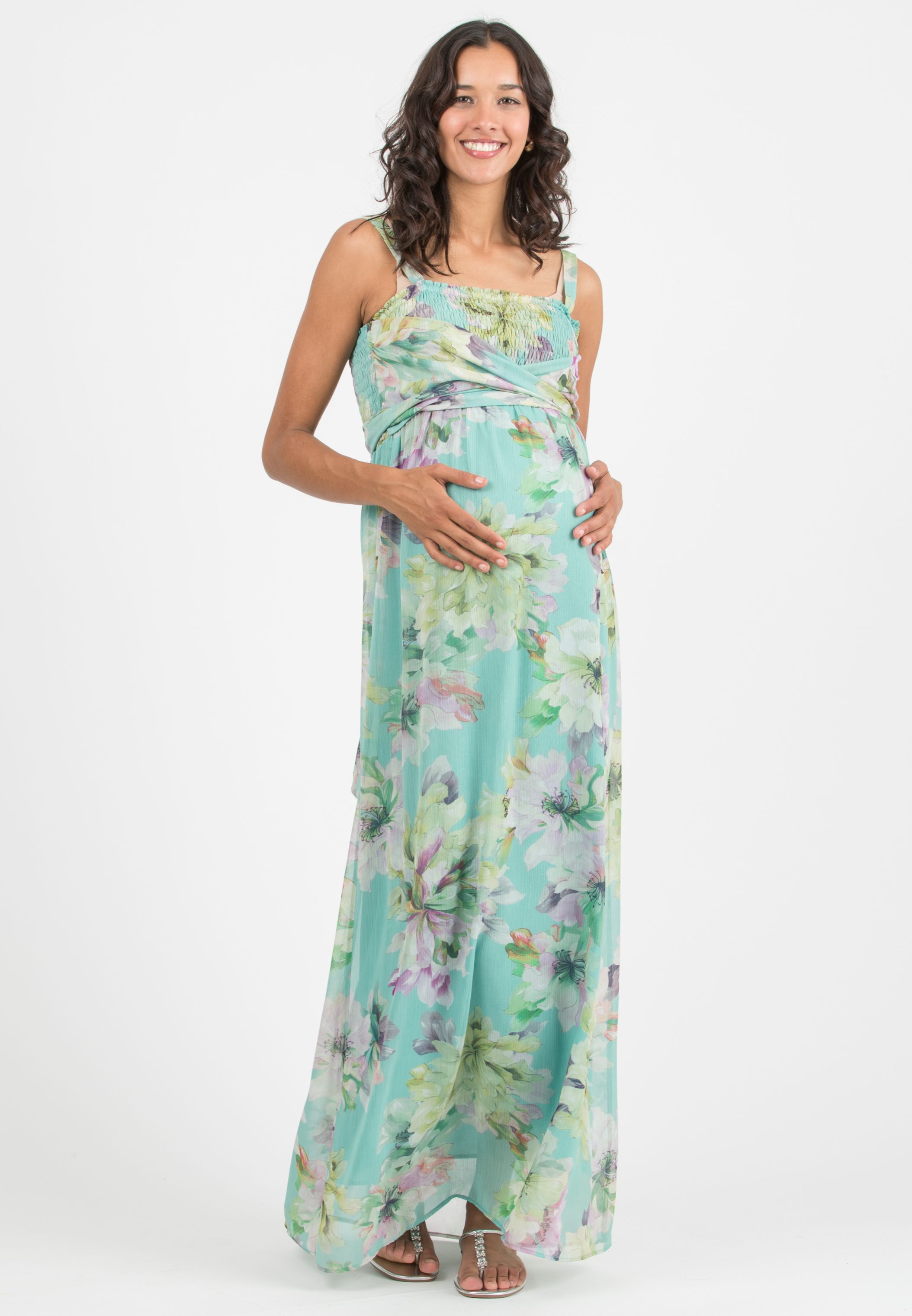VANESSA MAXI – Abito Lungo Premaman in Fantasia Floreale (Acqua, XS)