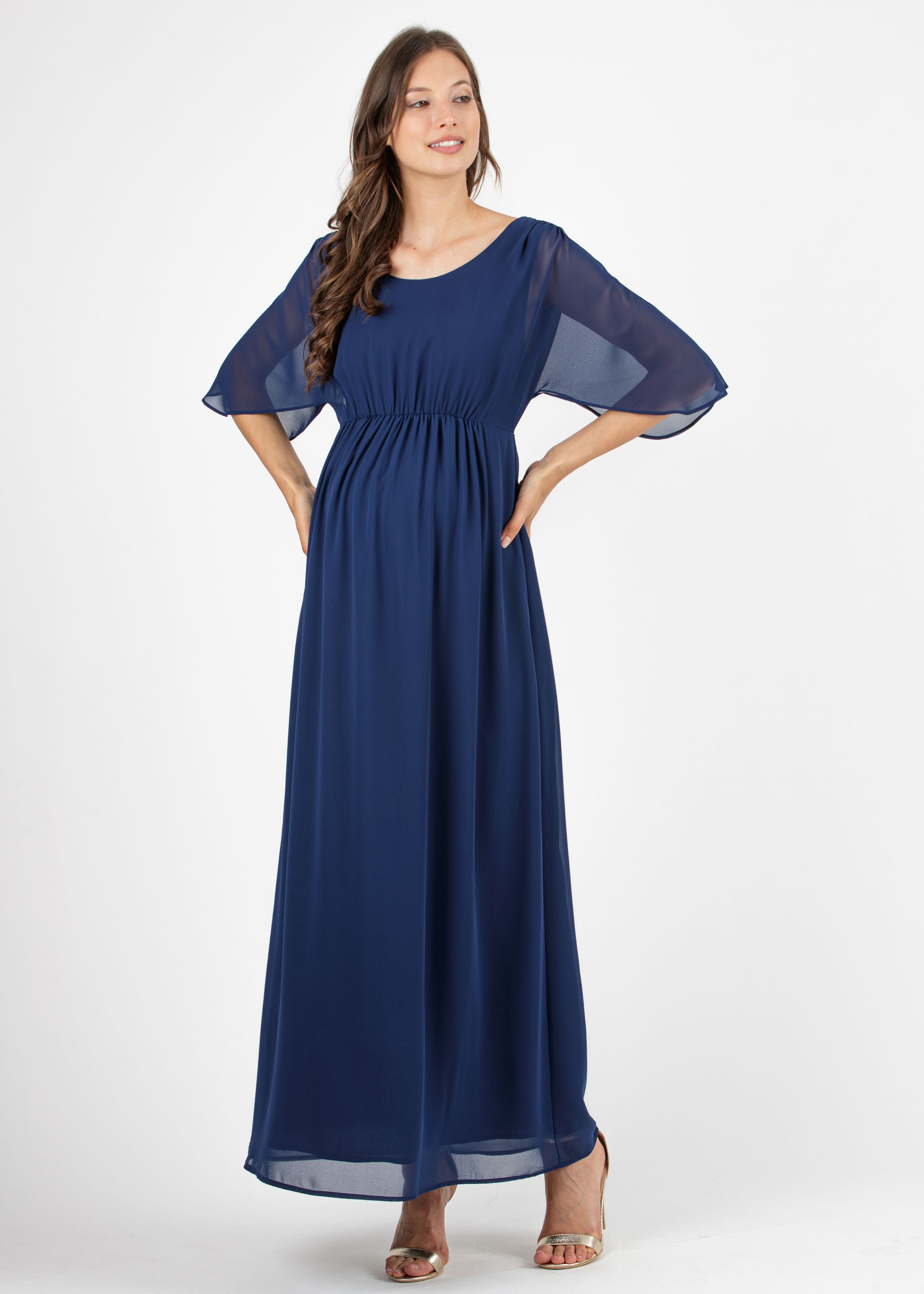 VALENTINA - Long Kimono Maternity Dress with Back Neckline (Blue, XS)