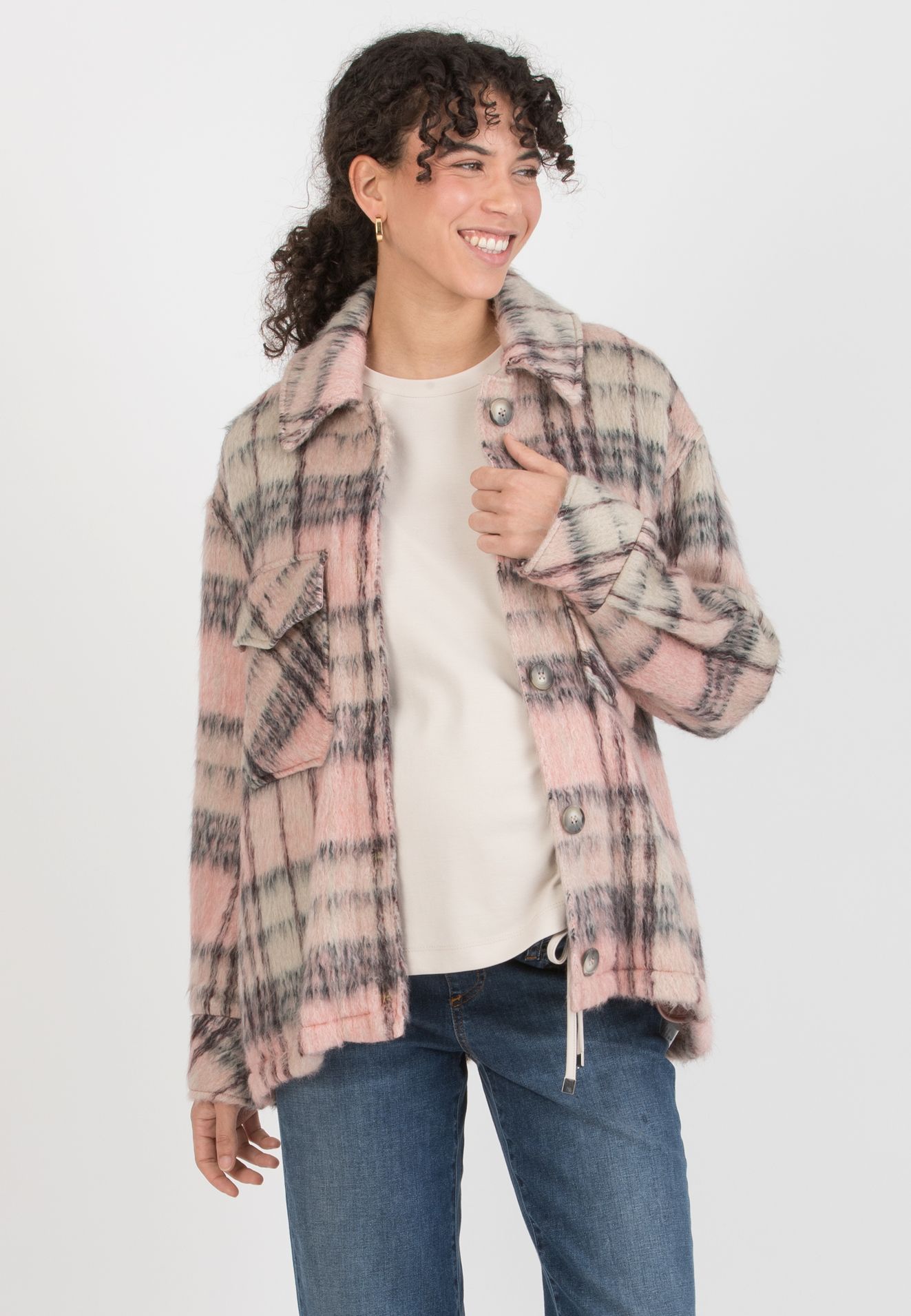 INDIA C – Cappotto Premaman Corto in Lana Vergine con Tasche a Quadri Rosa (Rosa, XS)