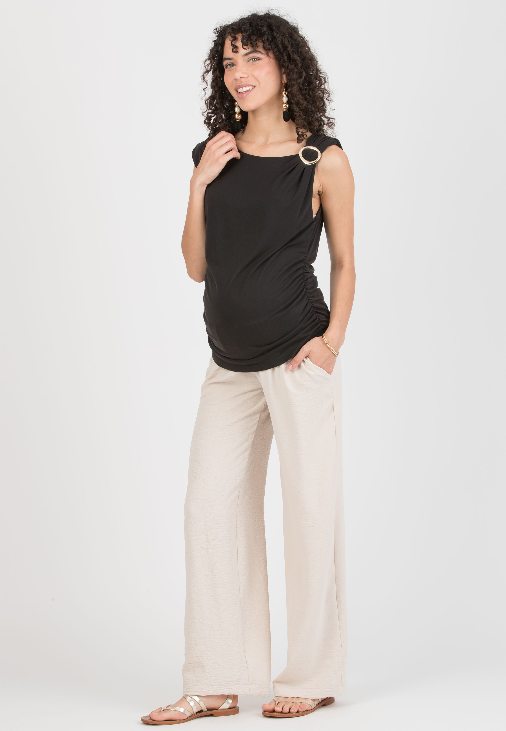 INES - Pantalone Premaman Fluido con Vita Bassa (Sabbia, XS)