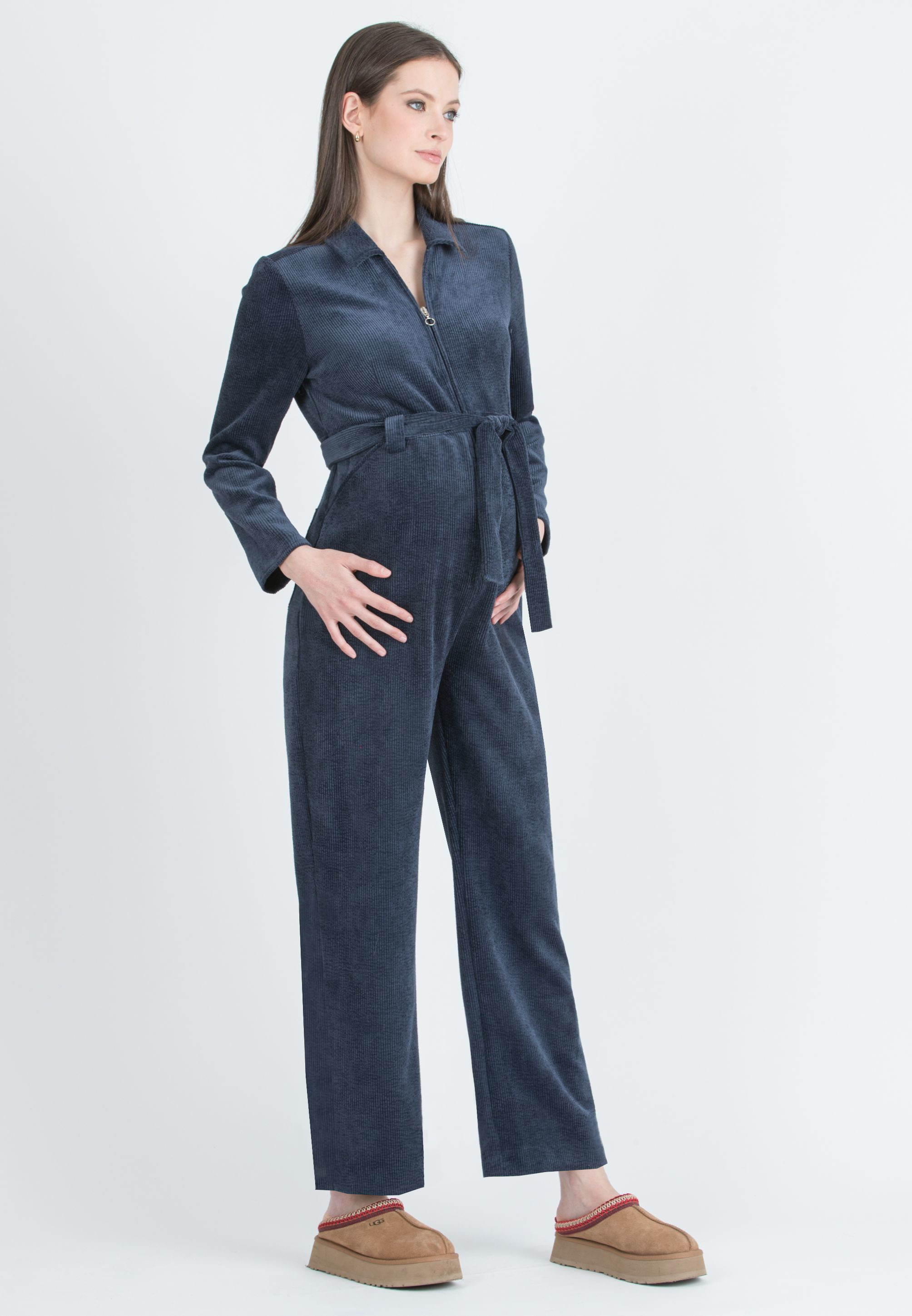 TORY – Maternity Corduroy Jumpsuit with Front Zip and Waist Belt (Blu)