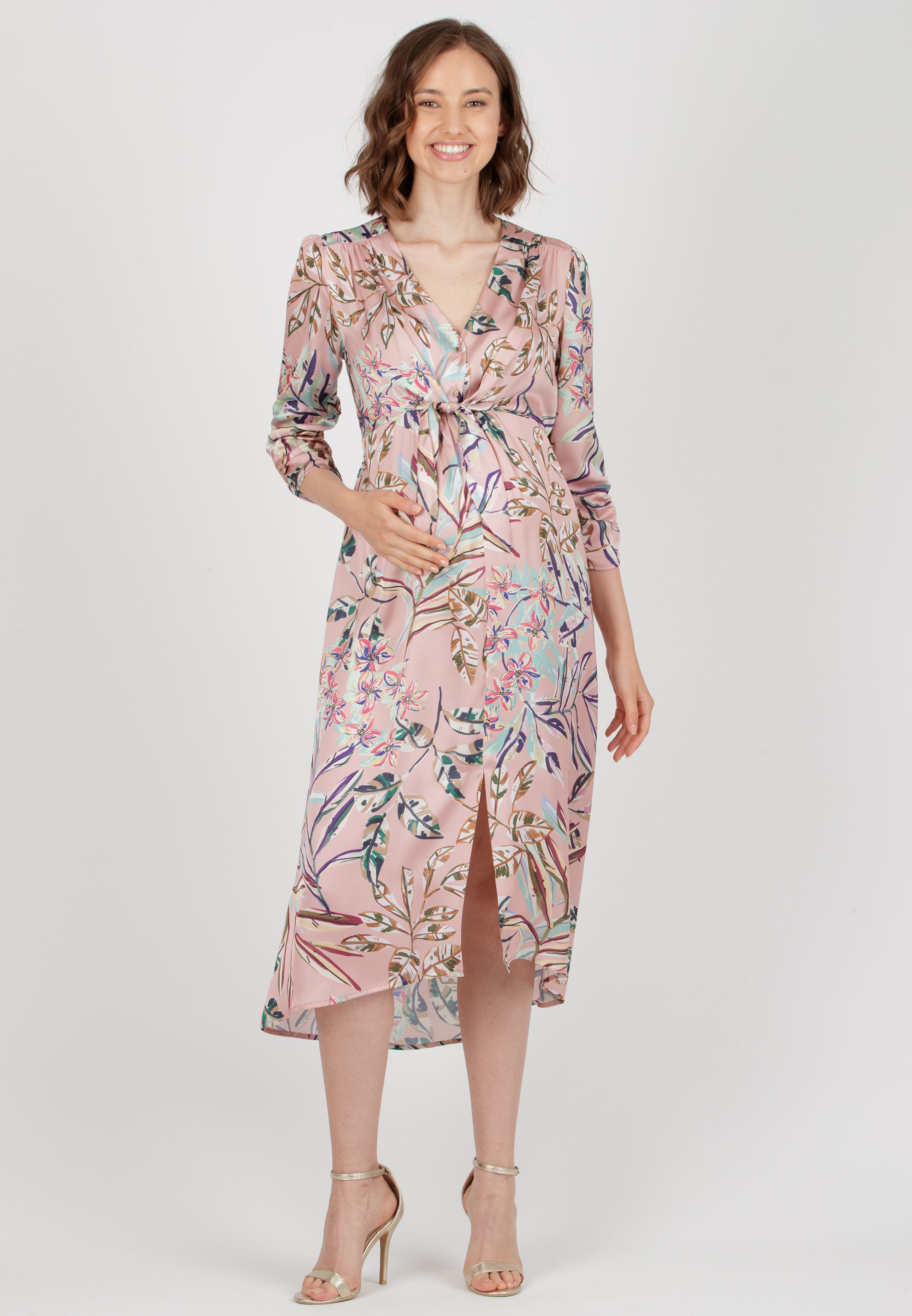 BELEN M/L - Abito Premaman & Allattamento in Raso Stampato con Corpino Annodato e Maniche 3/4 (Rosa, XS)