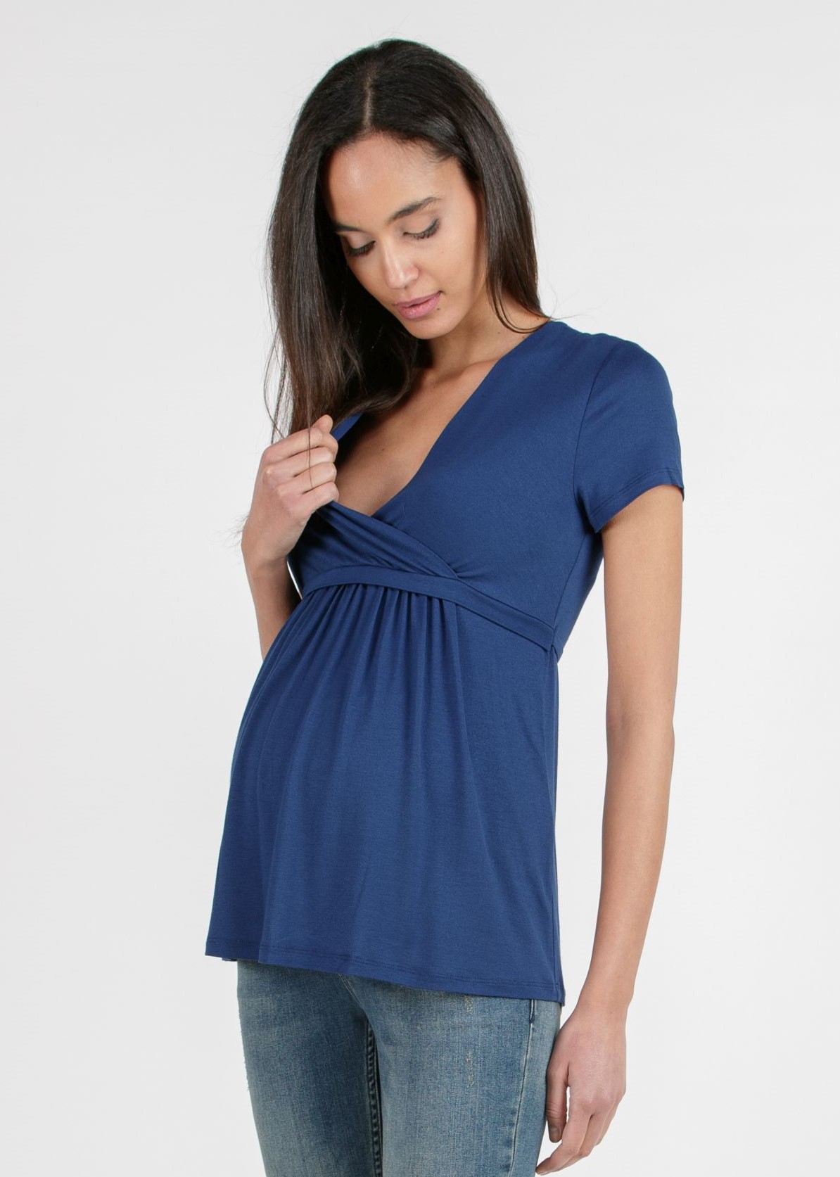MARGHERITA - Maternity and Nursing Crossover T-shirt with String (Blue, XS)