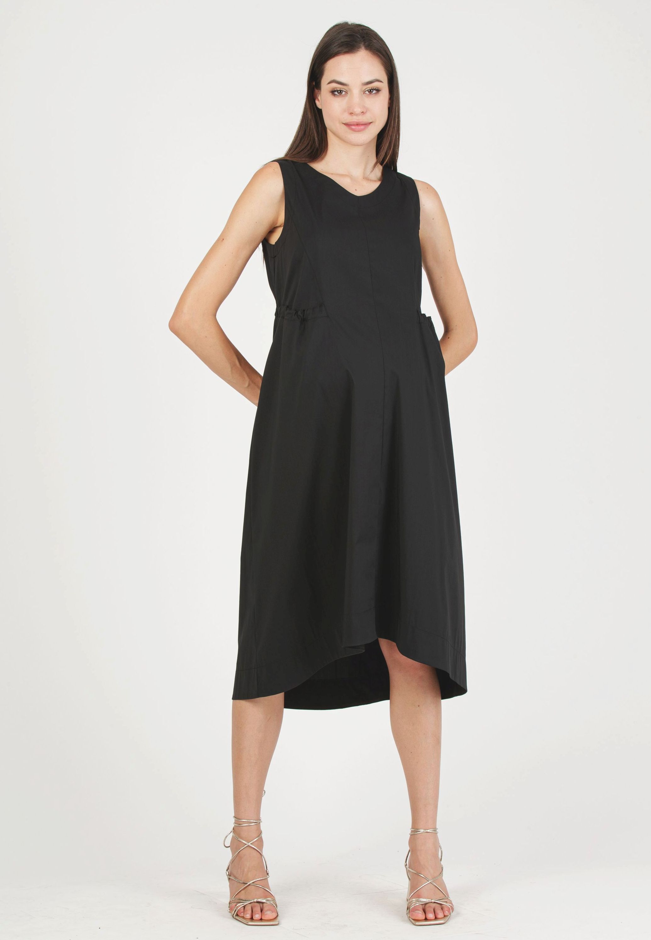ASIA - Maternity Cotton Dress with Pockets and Drawstring on Back (Black, XXS)