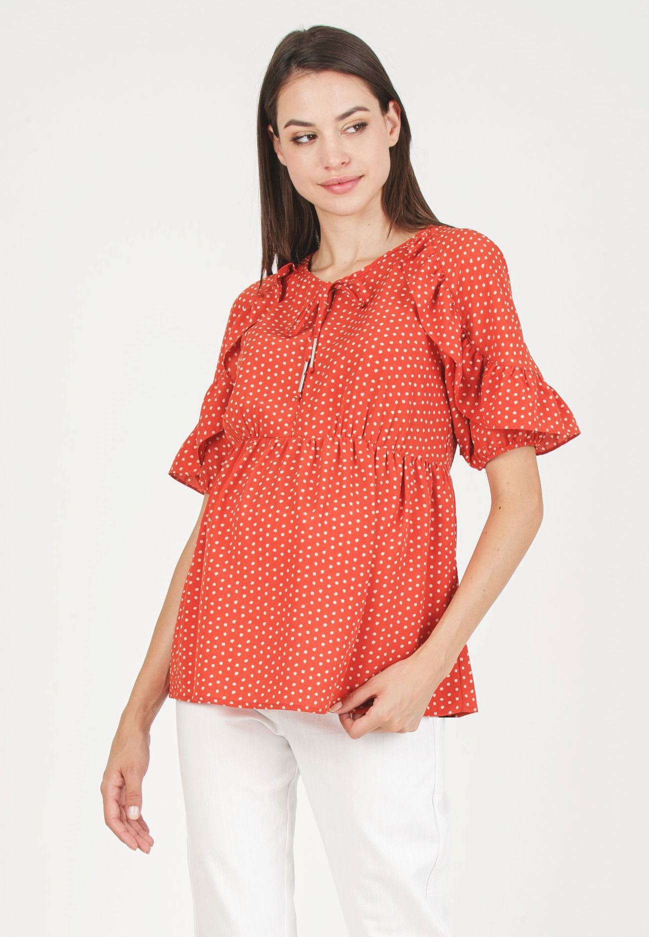 TINA M - Casacca premaman & Allattamento a Pois con Volant (Rosso Mattone)