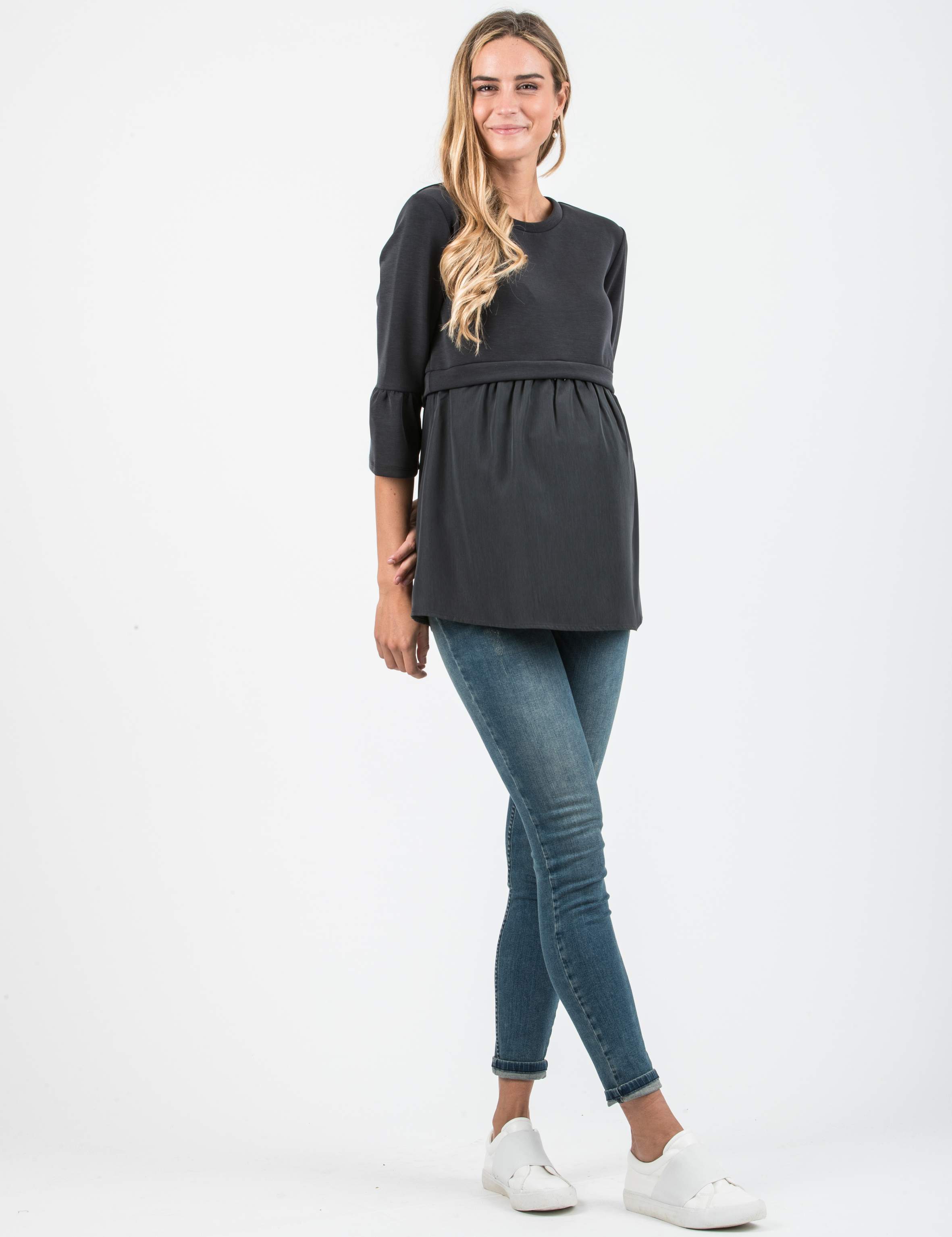 KYLIE - Maglia Premaman & Allattamento in Modal e Raso (Antracite, XS)