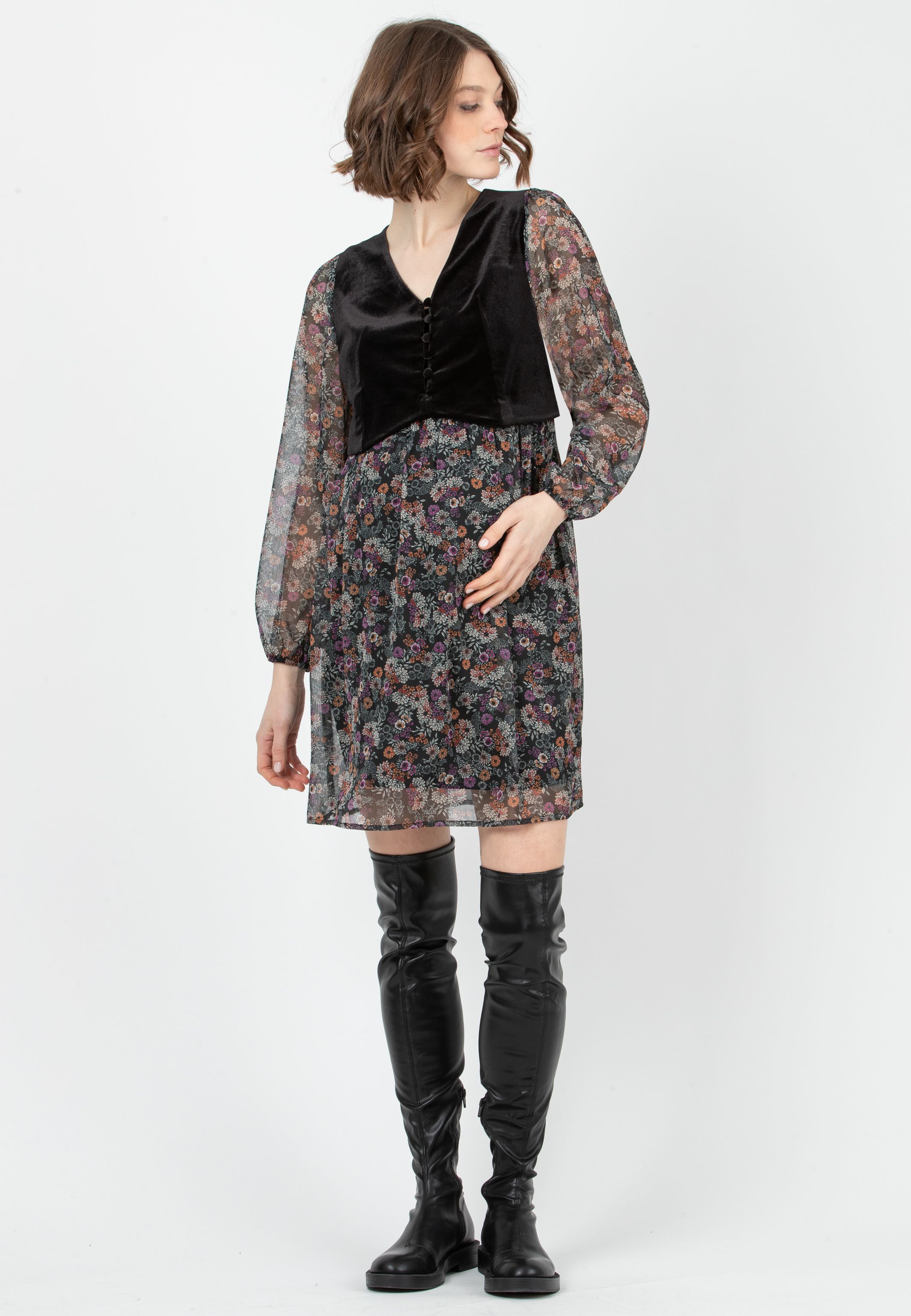 ASTRA L - Abito Premaman & Allattamento con Finto Gilet in Velluto (Nero, XS)