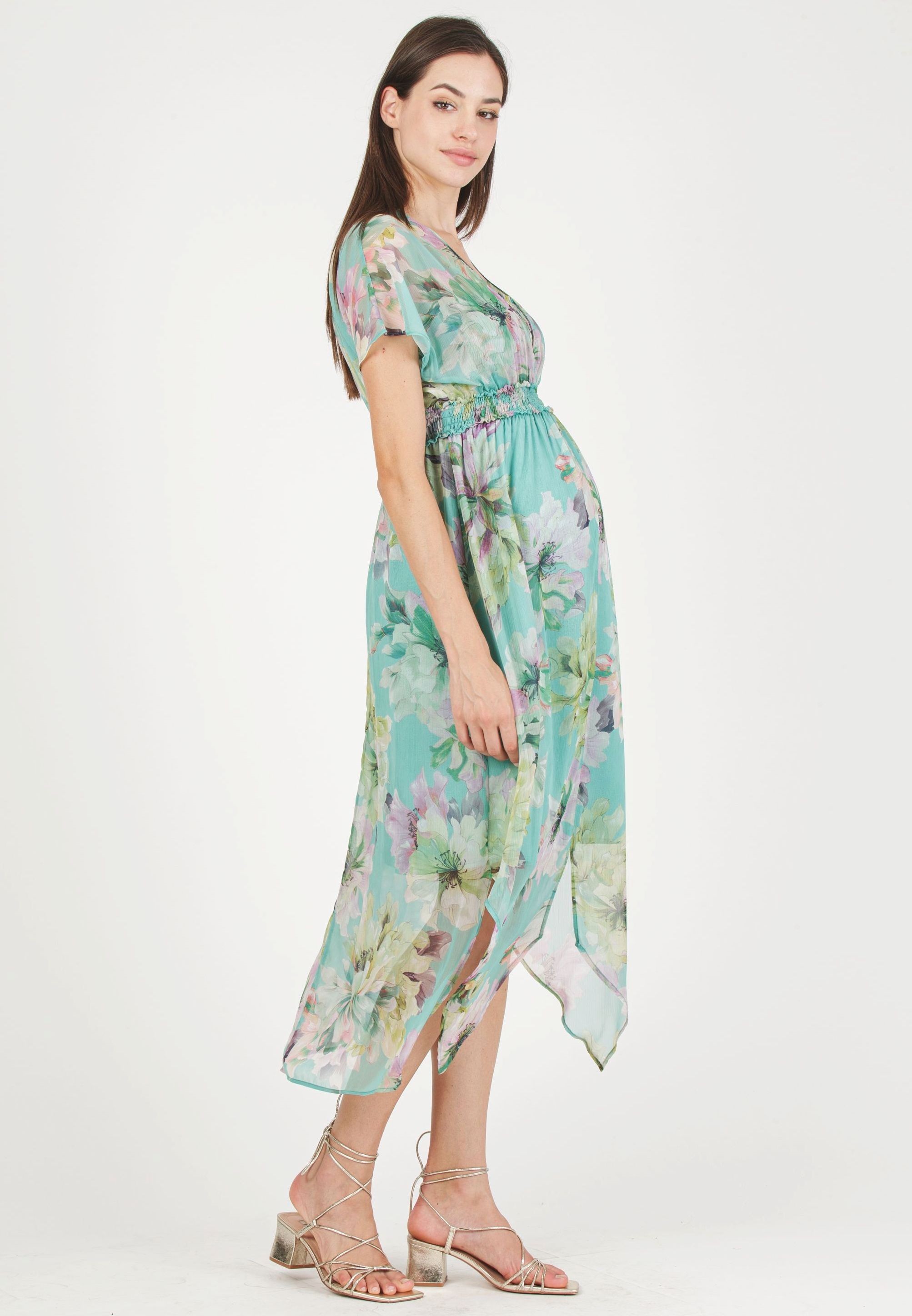 HOLLY - Maternity & Nursing Dress with Crossed Neckline and Asymmetric Hem (Aqua, XS)