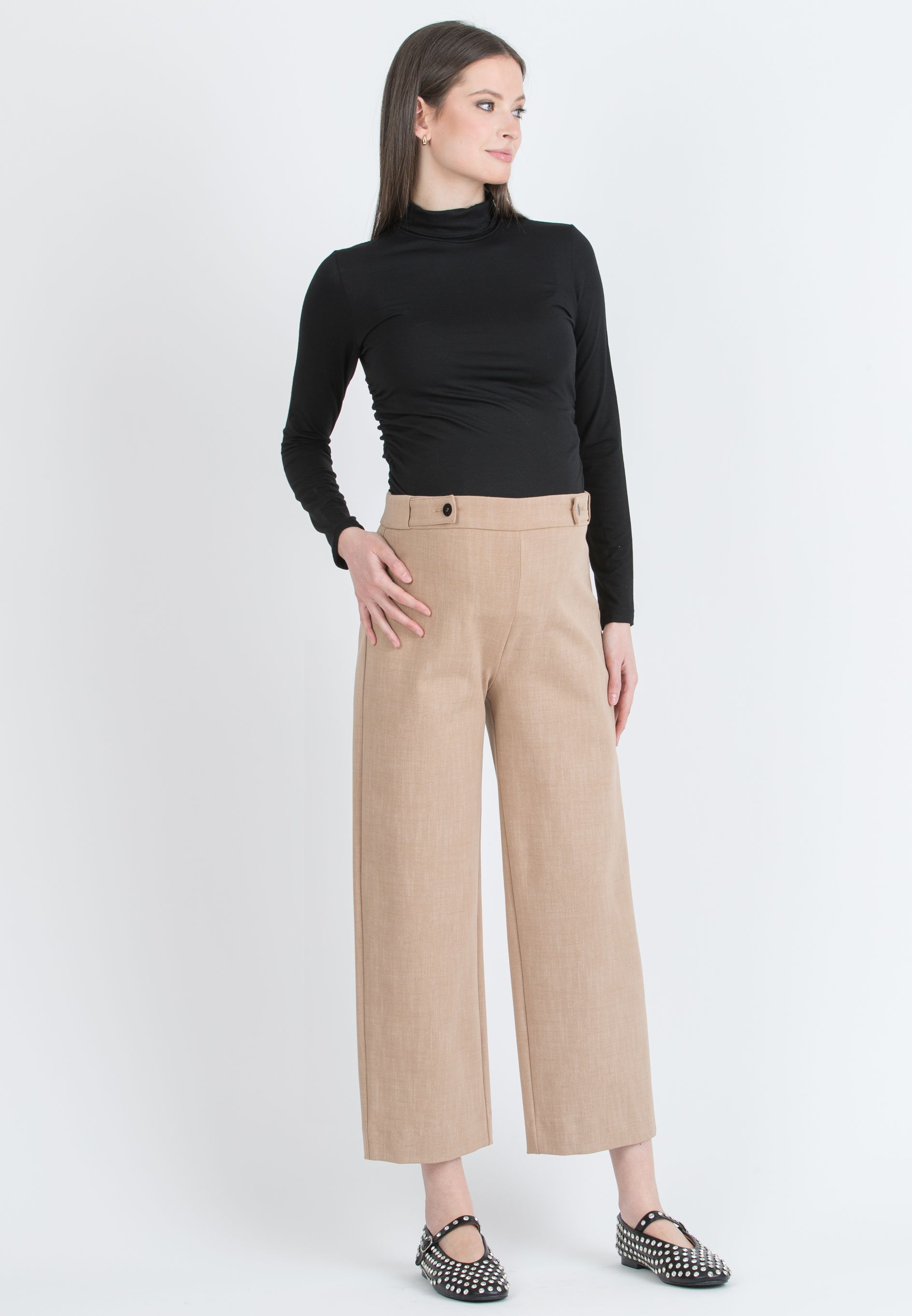 EVAN - Pantalone Premaman Ampio Cropped con Vita Regolabile a Bottoni (Cammello)
