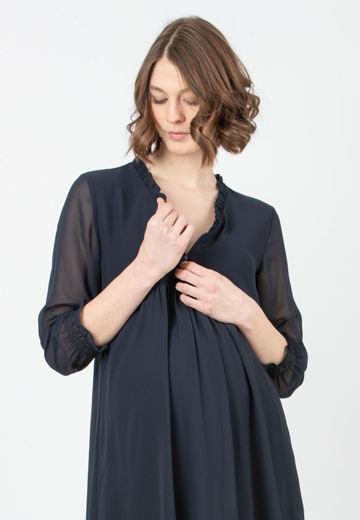 DIANA - Chiffon Maternity & Nursing Dress with Ruffle Trims on the Neck (Dark Blue, XS)