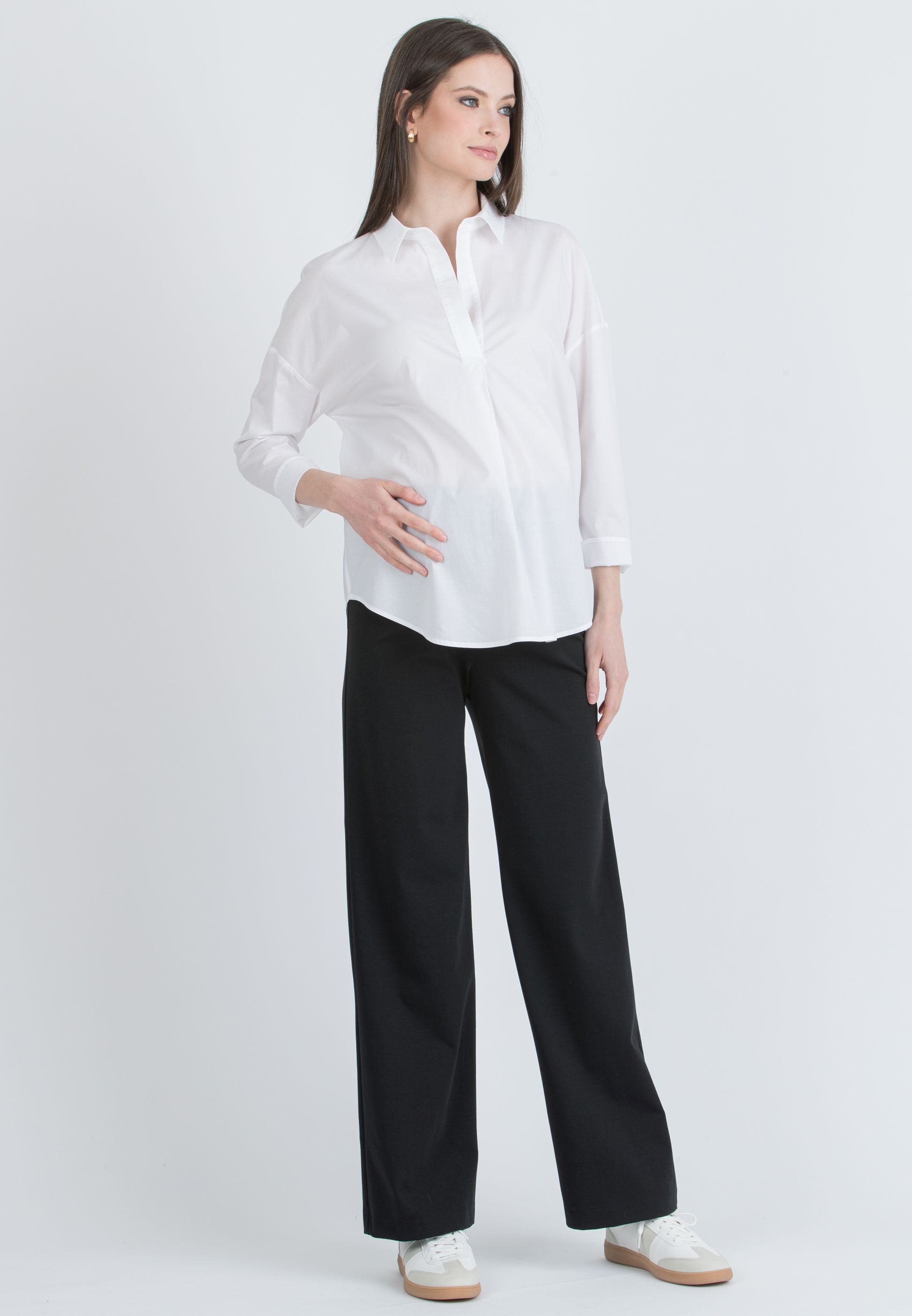 OLIVIA - Camicia Over Premaman in Popeline di Cotone Elasticizzato (Avorio, XS)