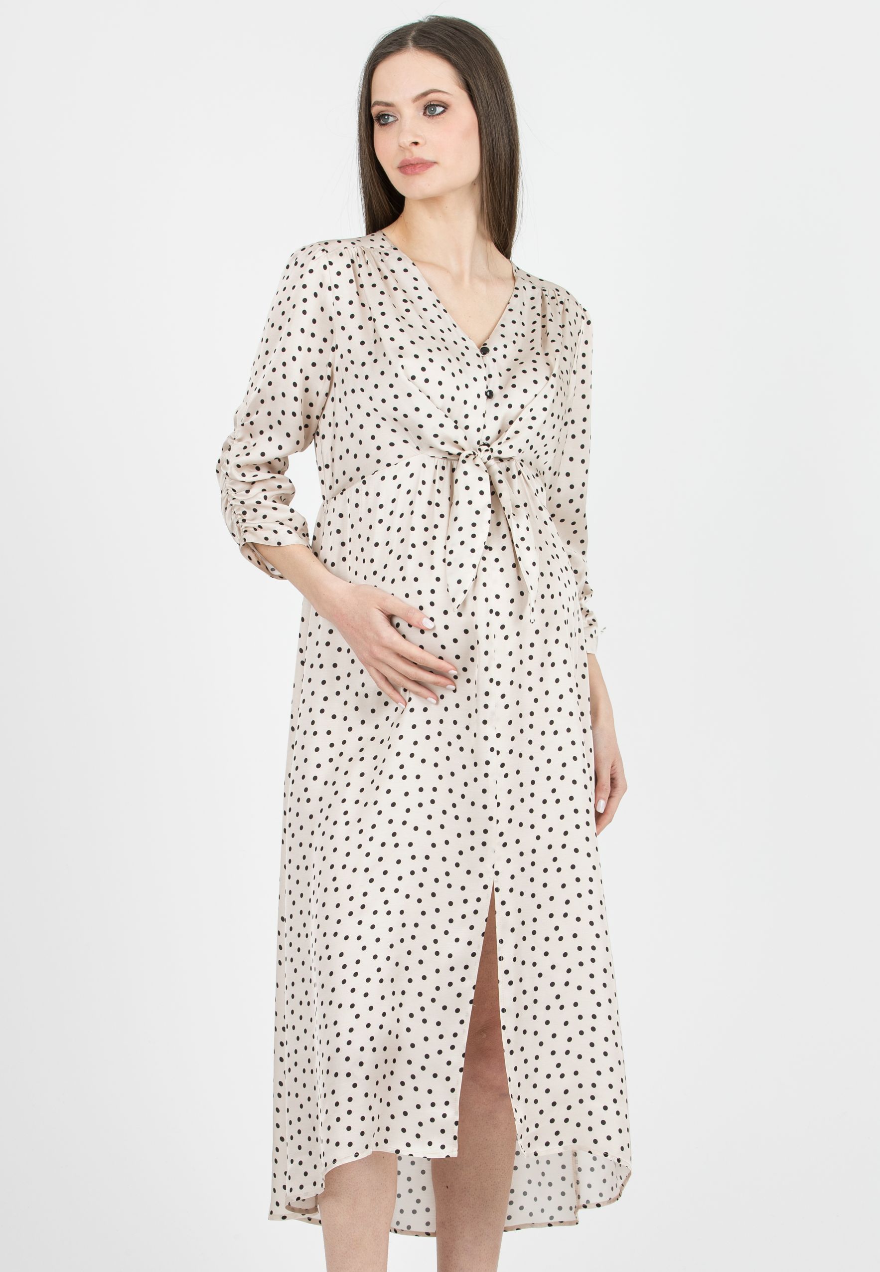 BELEN M/L - Maternity & Nursing Polka Dot Viscose Dress with Tie Front and 3/4 Sleeves (Naturale)