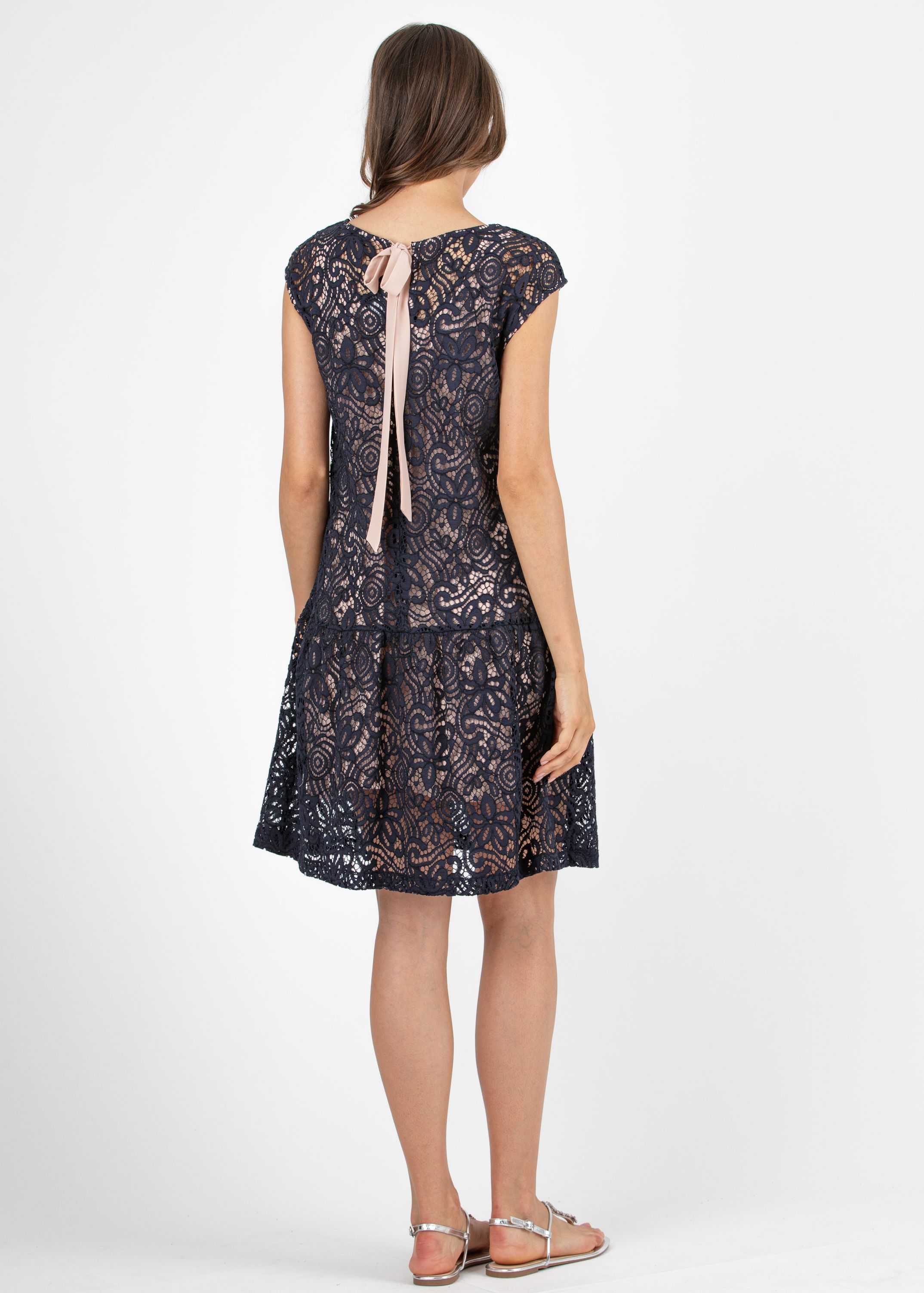 Embroidered Maternity Dress in Lace with Back Bow (Blue, XS)