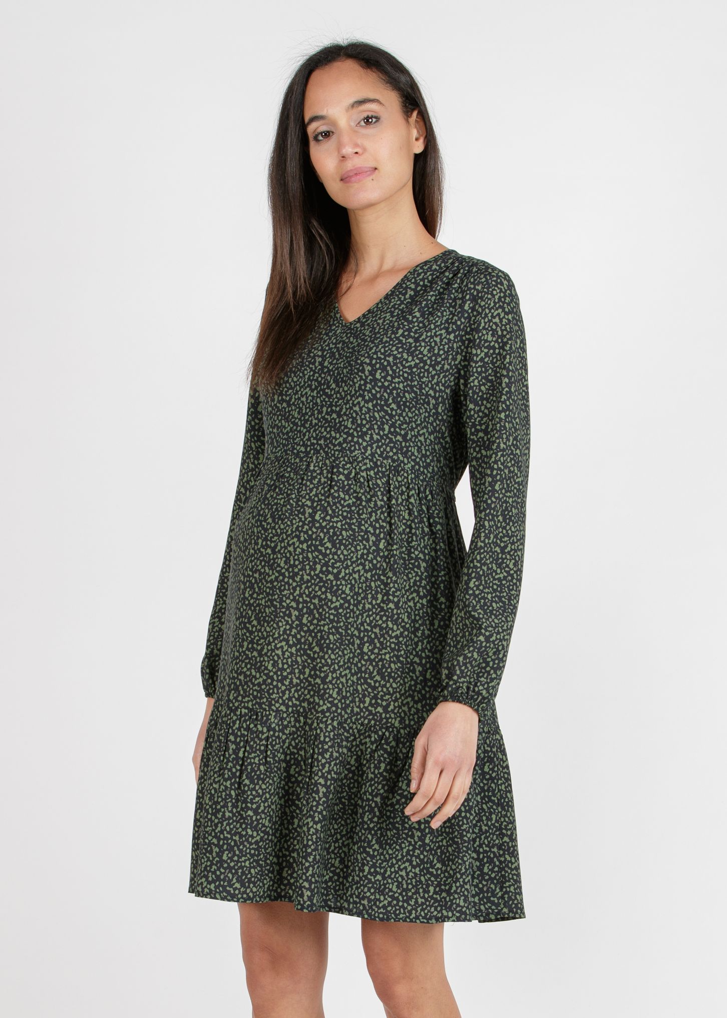 KATRIN - Abito Premaman a Balze in Viscosa Stampata (Verde Militare, S)