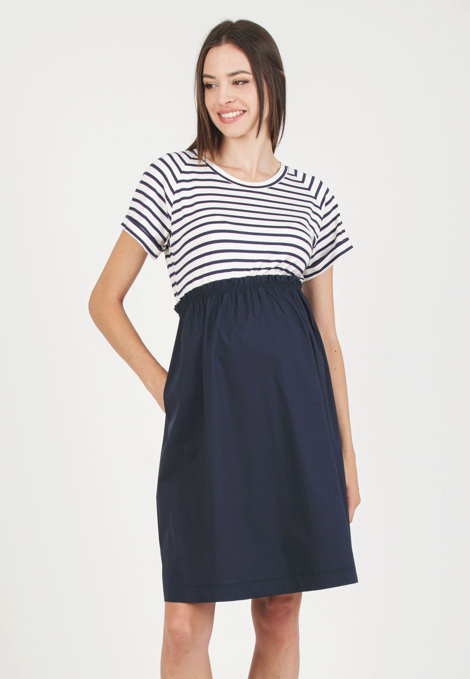 CRISTINA R - Abito Premaman con Corpino in Jersey a Righe e Gonna in Cotone (Blu, XS)
