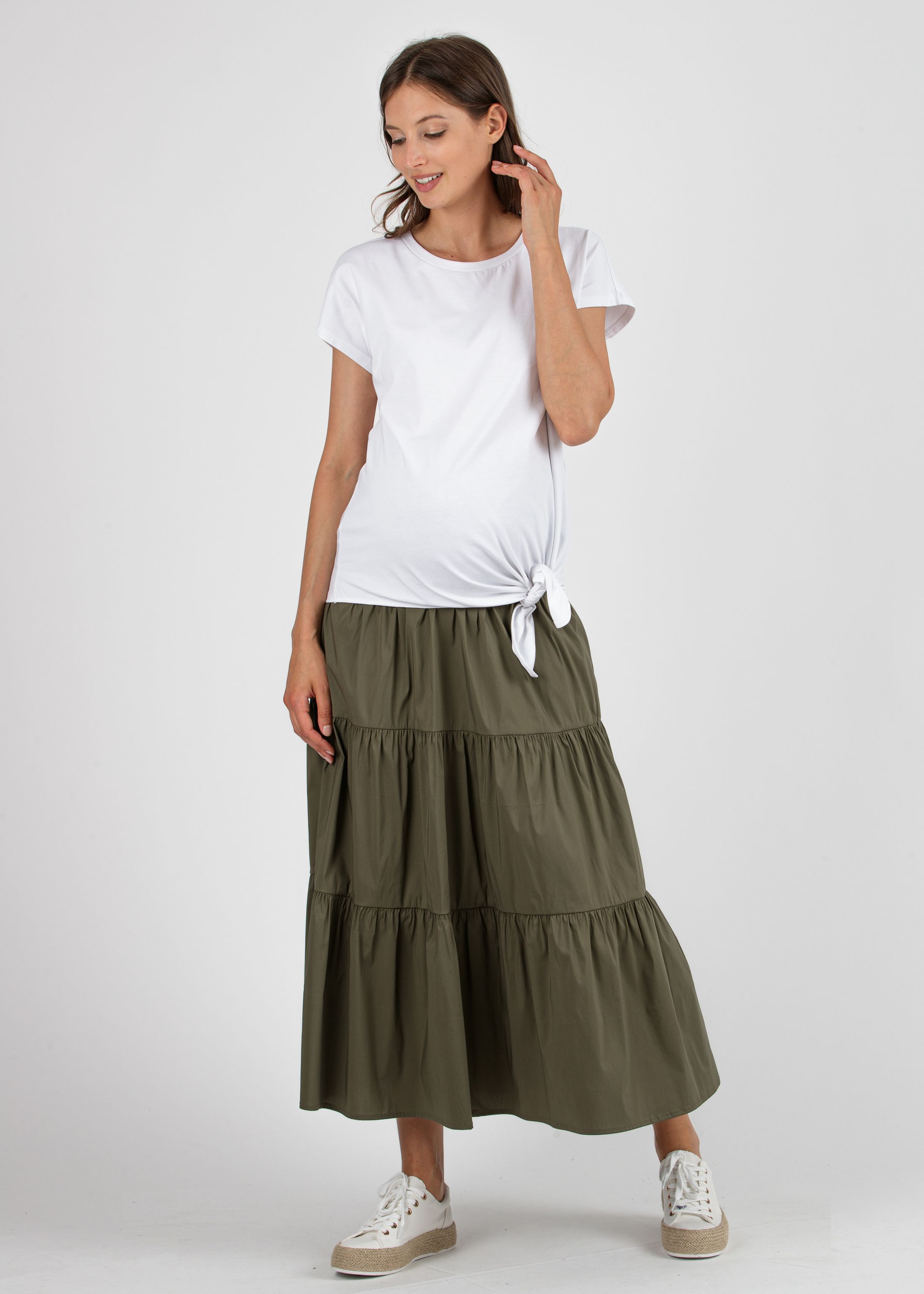Maternity Skirt in Cotton Poplin with Wide Flounces (Verde Militare)
