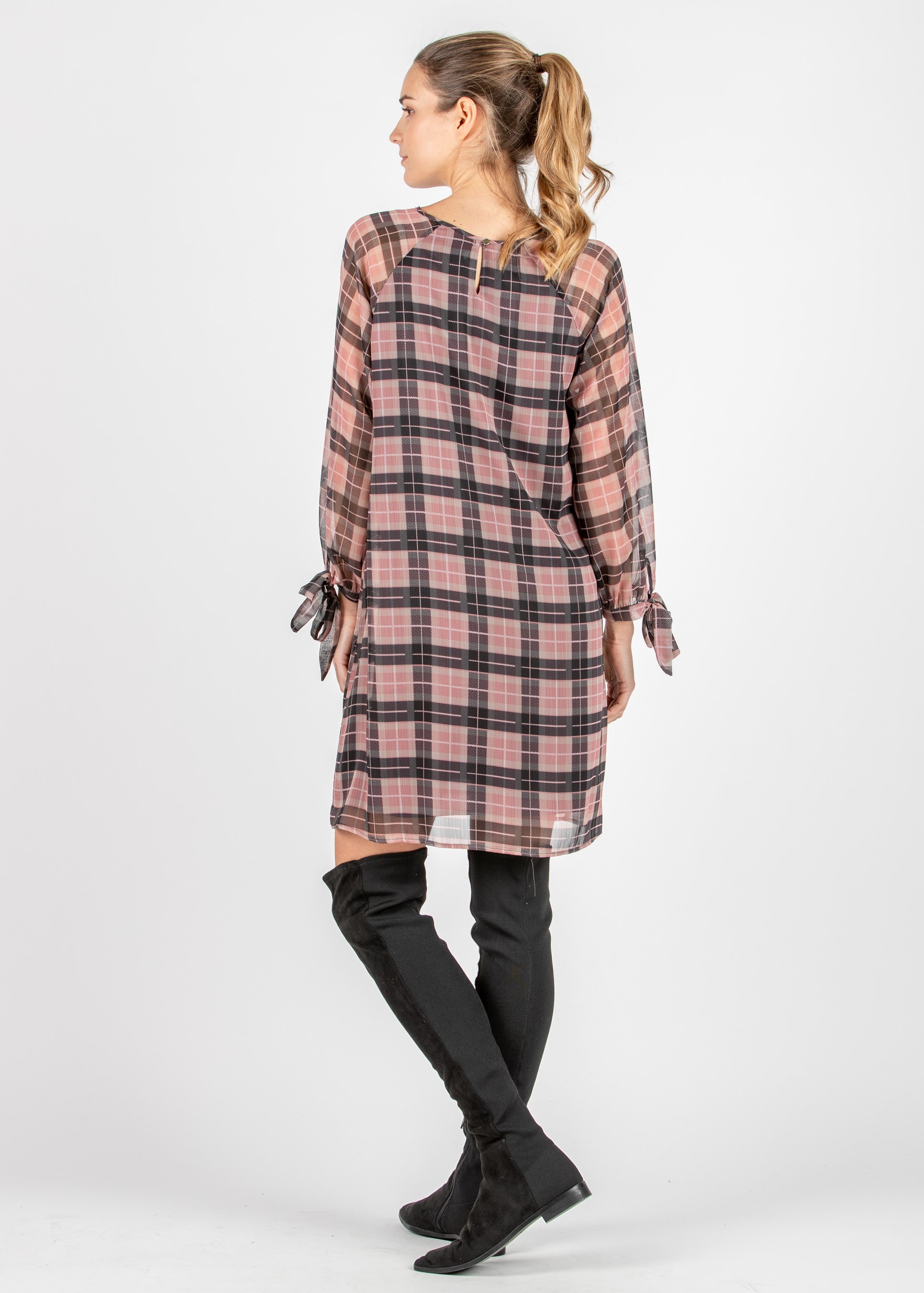 Pink Checked Printed Maternity Dress in Georgette with Raglan Sleeve and Ribbons on Cuffs (Powder, XS)