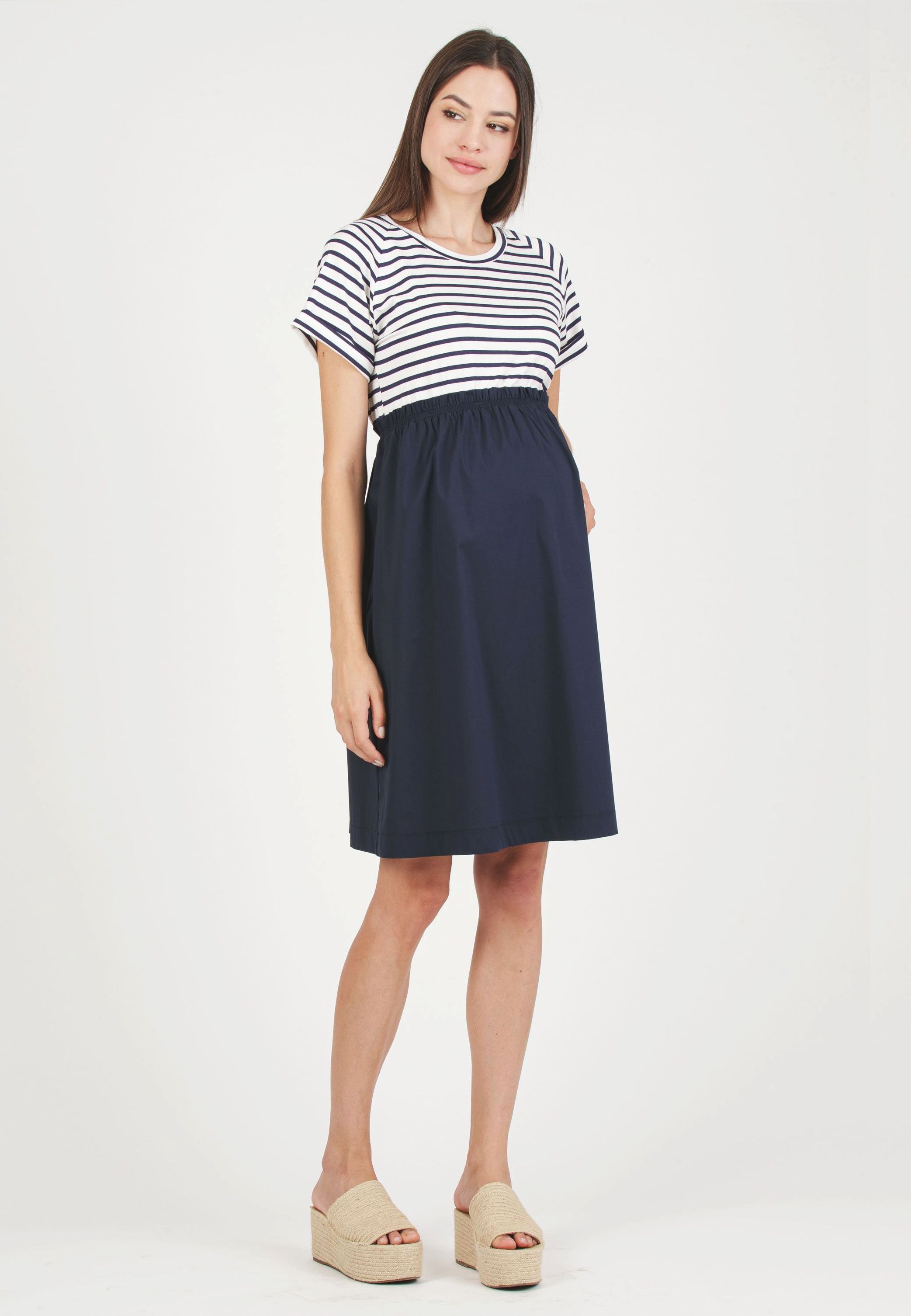 CRISTINA R - Abito Premaman con Corpino in Jersey a Righe e Gonna in Cotone (Blu, XS)