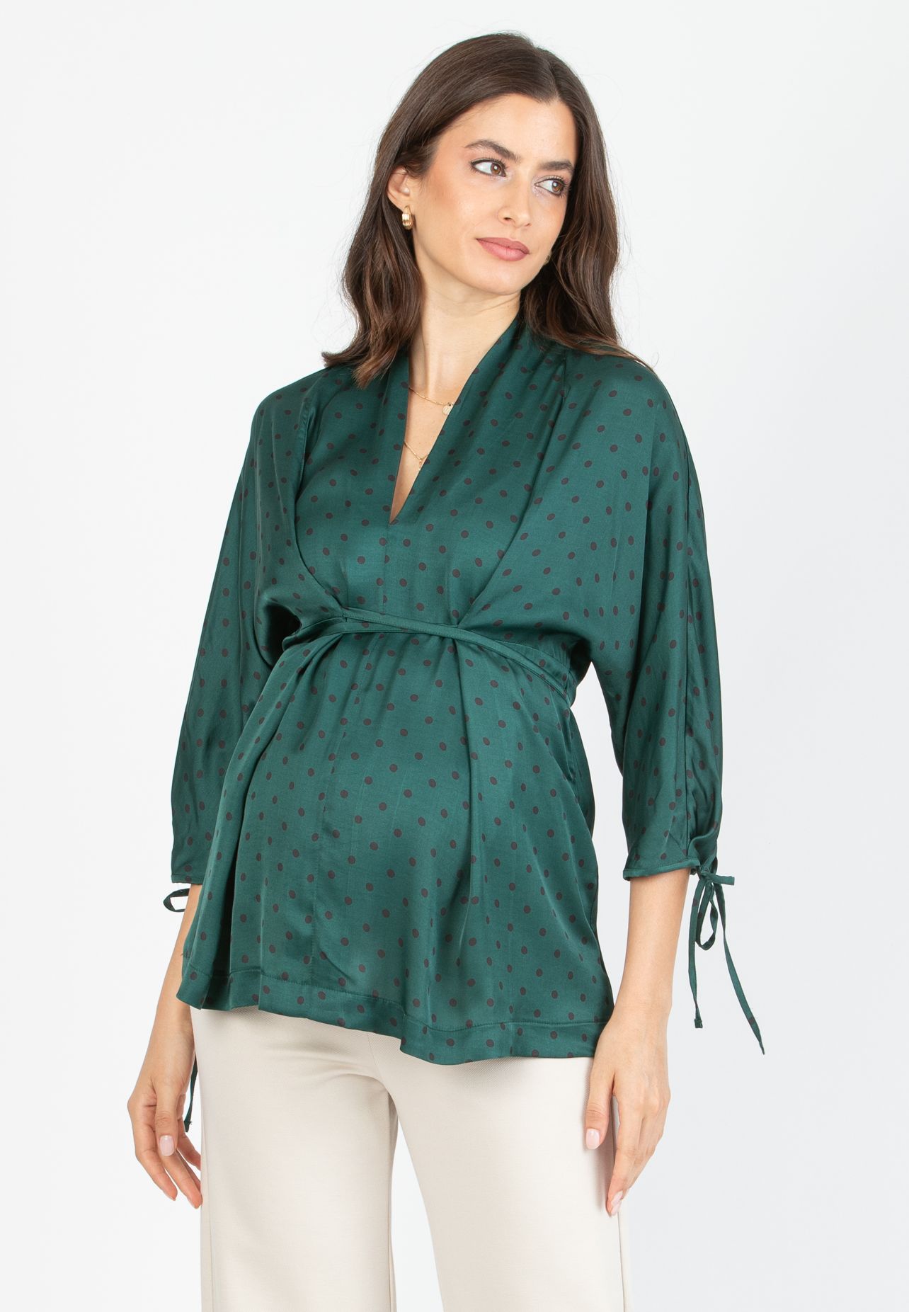 VIOLA M - Casacca Kimono Premaman in Raso di Viscosa con Laccetti (Verde, XS)