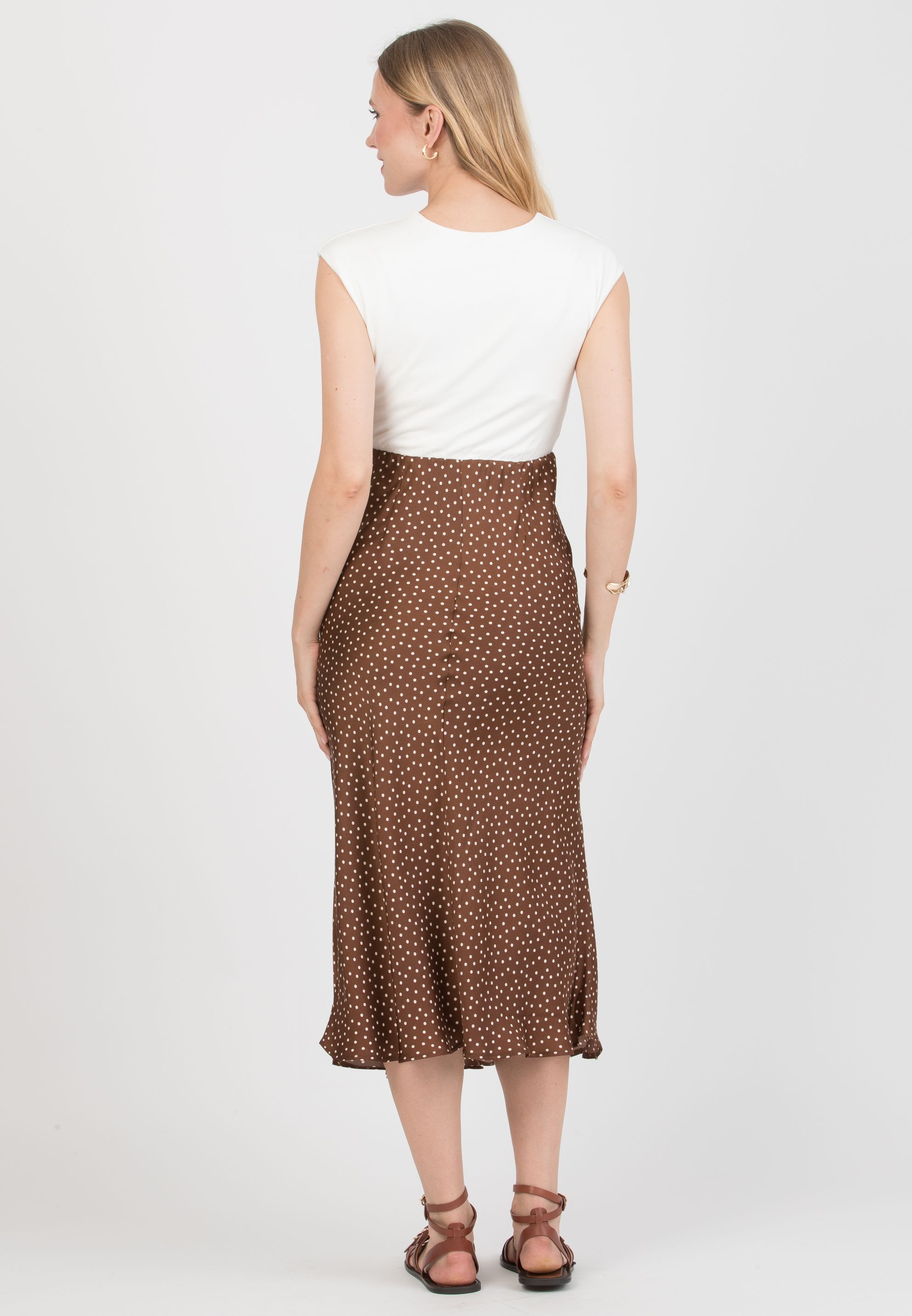 DILETTA P – Maternity & Nursing Dress with Crossover Bodice and Polka-Dot Satin Skirt (Marrone)