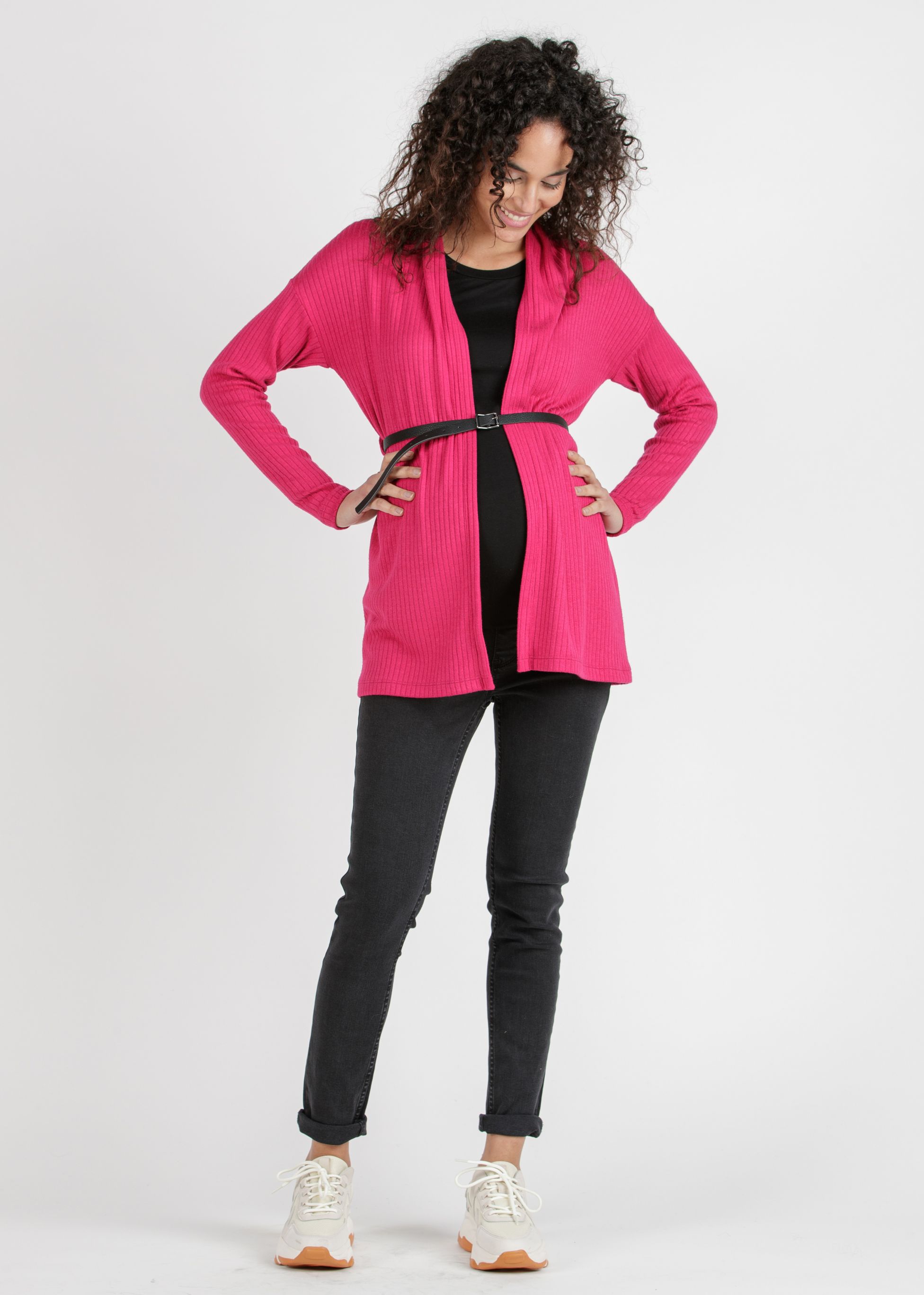 ARIANNA - Cardigan Premaman in Costina con Cintura (Rosa, XS)