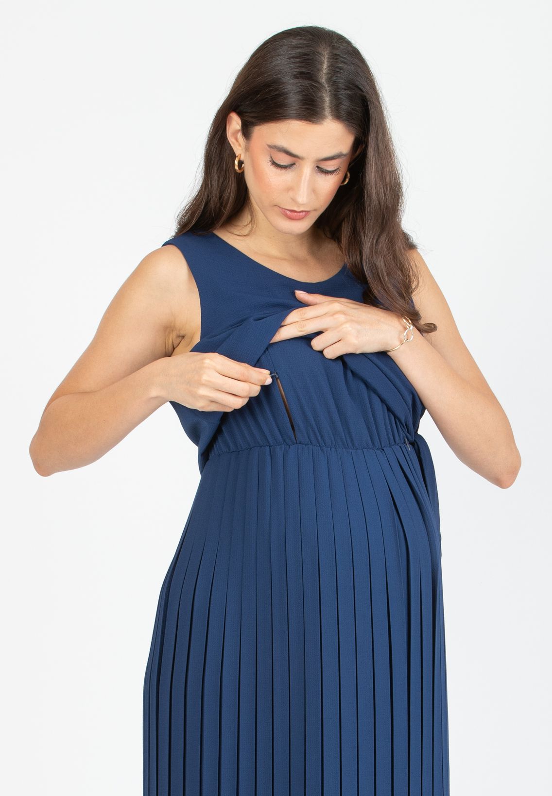 BIANCA - Abito Premaman & Allattamento con Gonna Plissettata e Bottoncini sulla Schiena (Blu Tampone, XS)