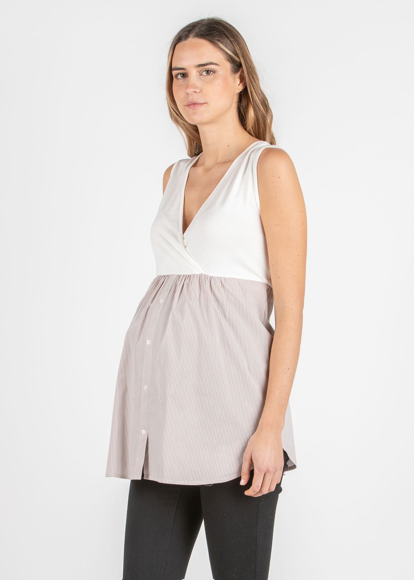 Striped Crossover Maternity & Nursing Top with Flounce in Poplin (Beige)