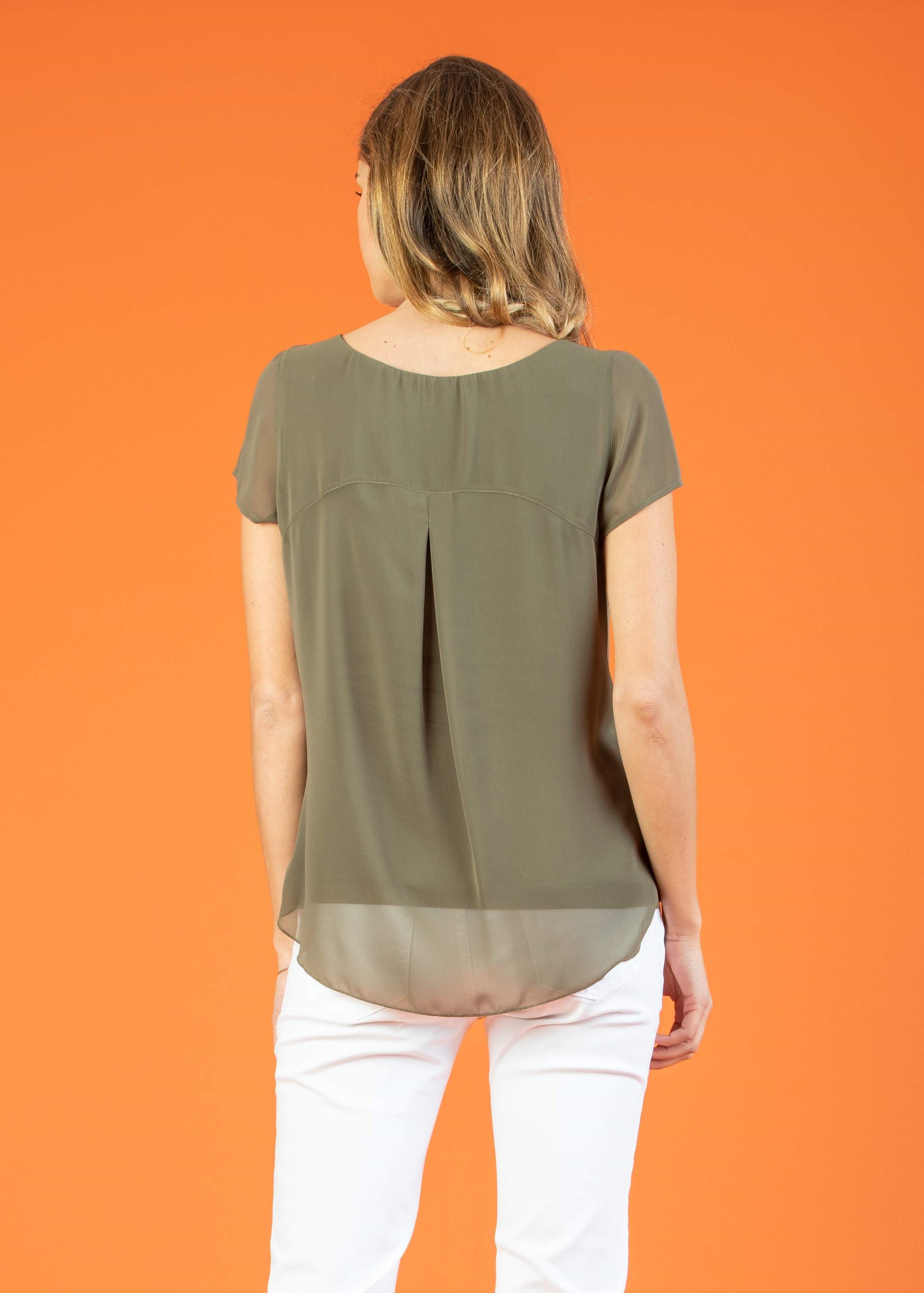 LAURA - Maglietta Premaman a Doppio Strato di Chiffon e Jersey (Verde Militare, XS)