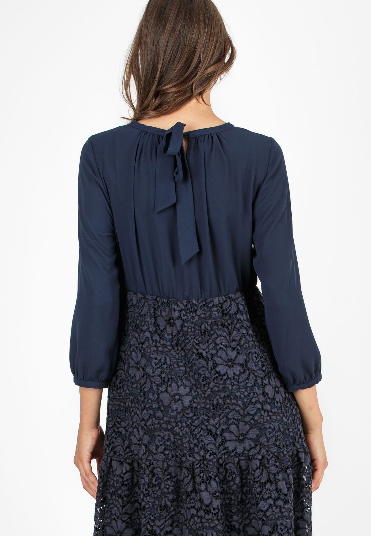 Abito Premaman Svasato in Chiffon e Pizzo con Balza (Blu Scuro, XS)