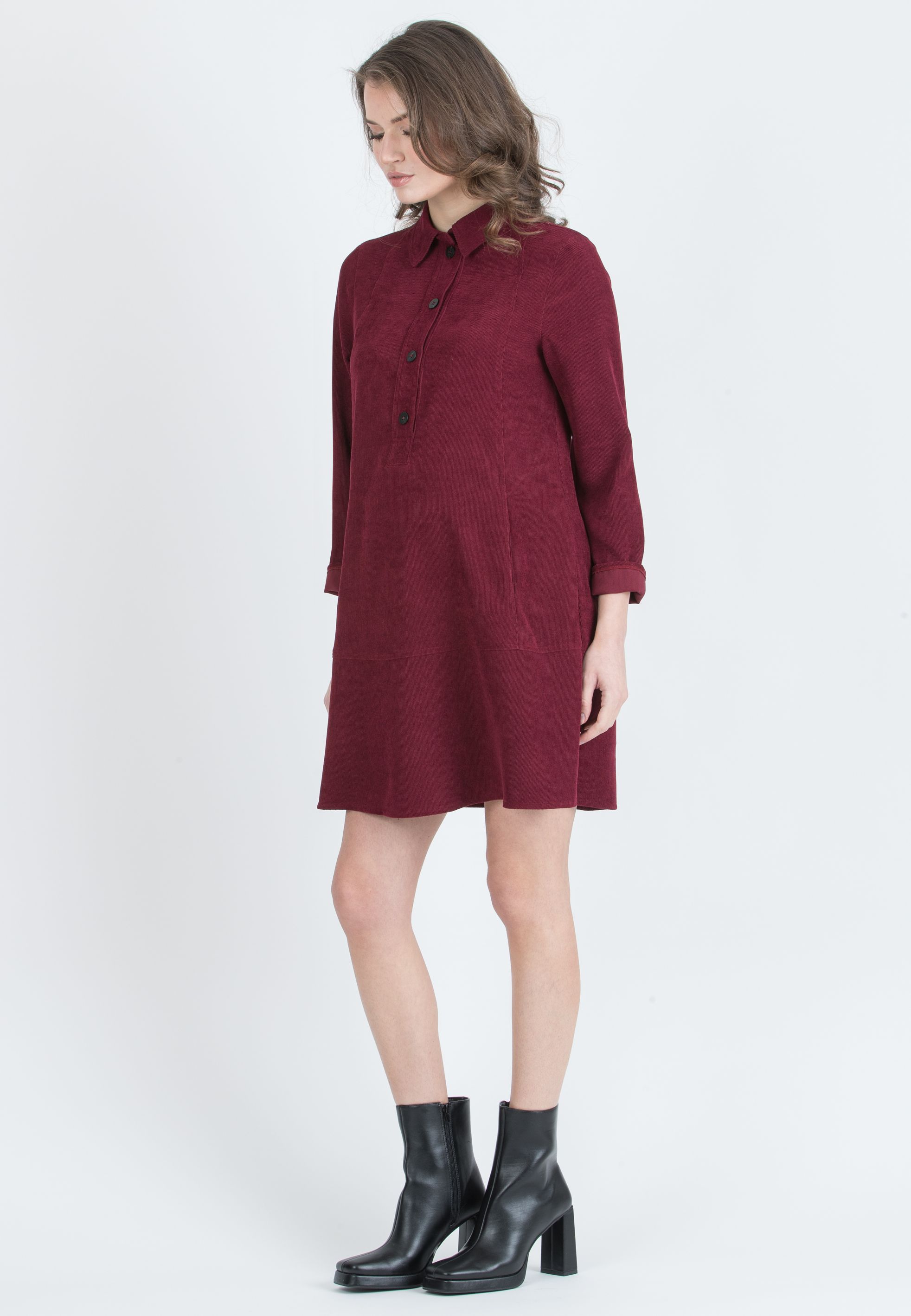 GRETA – Corduroy Maternity & Nursing Shirtdress (Bordeaux)
