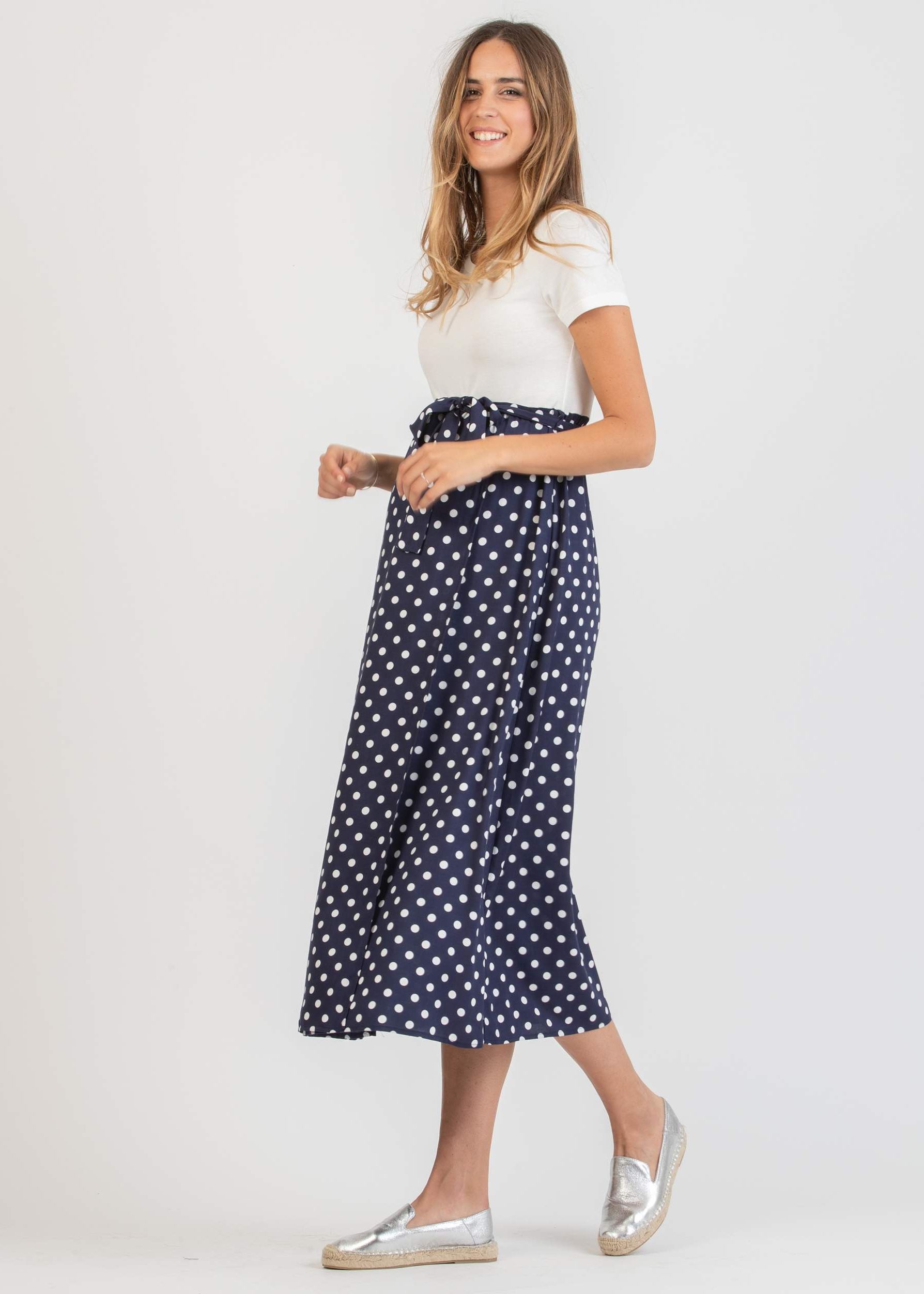 Abito Midi Premaman con Gonna a Pois a Portafoglio (Blu Scuro, XS)