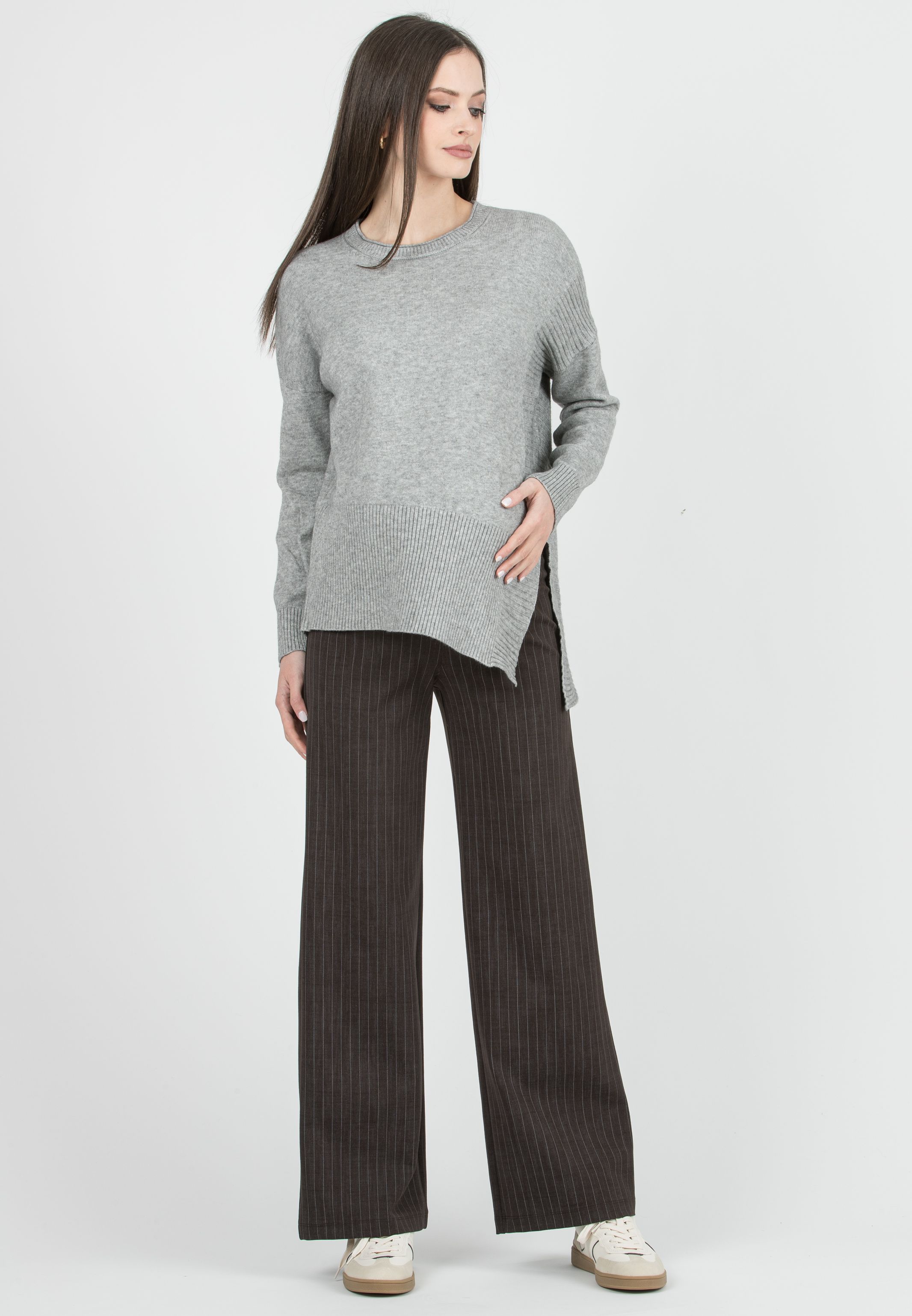 KIMBERLY G - Pantalone Premaman Palazzo in Punto Milano Invernale Gessato (Marrone)