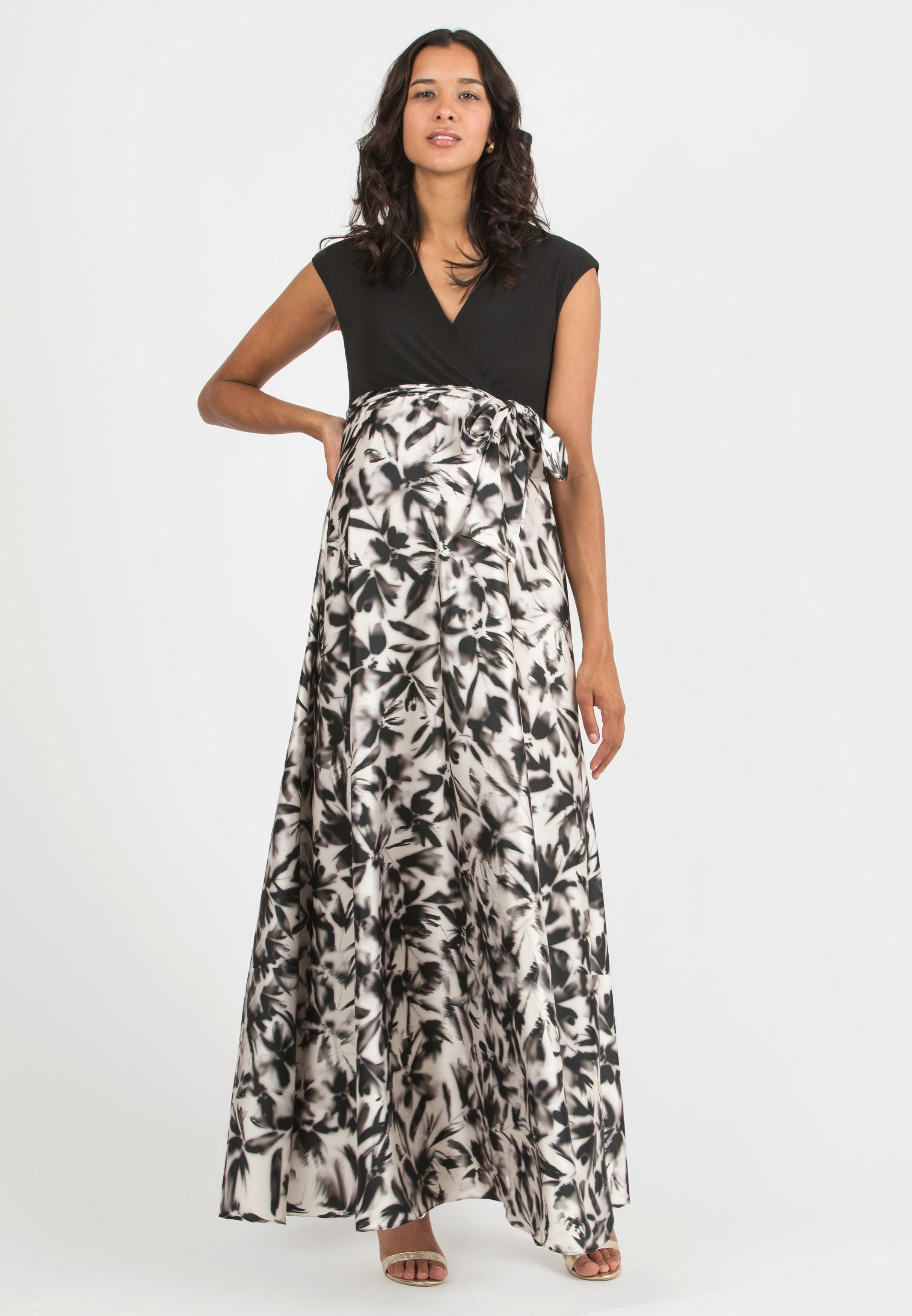LUCREZIA - Maternity & Nursing Maxi Dress with Satin Skirt (Black, XS)