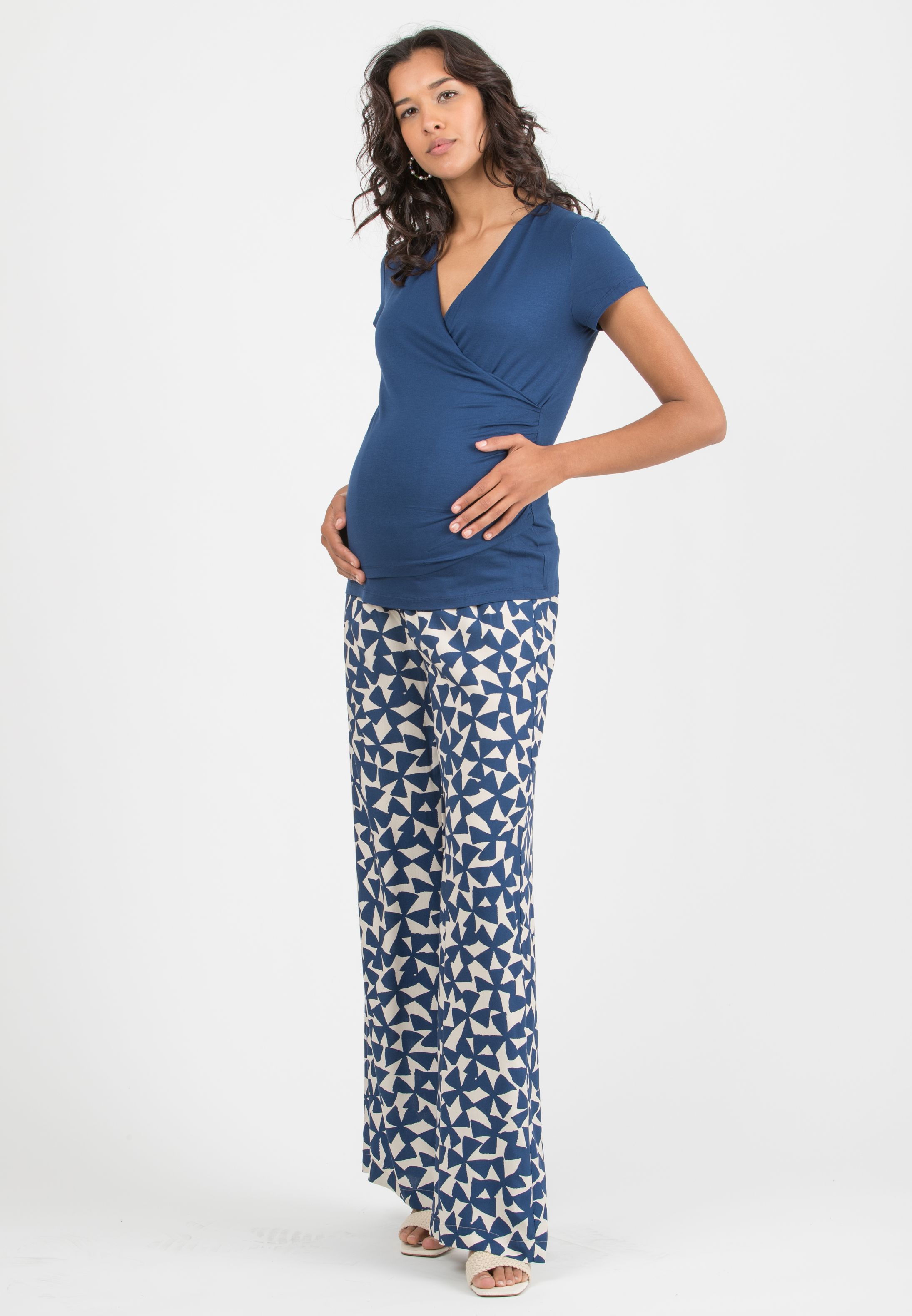 GUENDALINA LG - Pantalone Premaman a Palazzo in Viscosa Stampata (Blu)