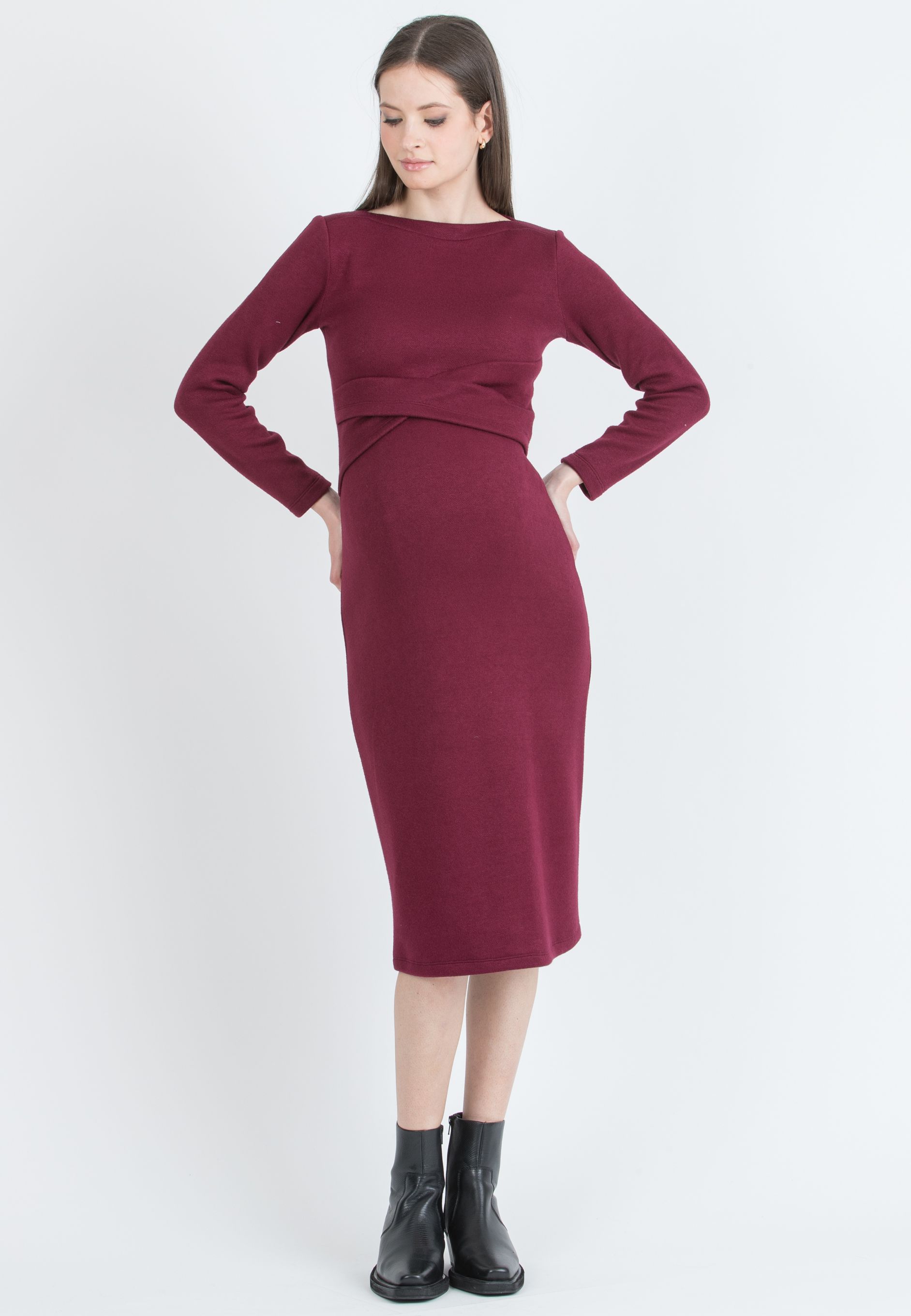 AMELIA - Abito Premaman Longuette in Maglia con Fascia in Vita (Bordeaux, XS)