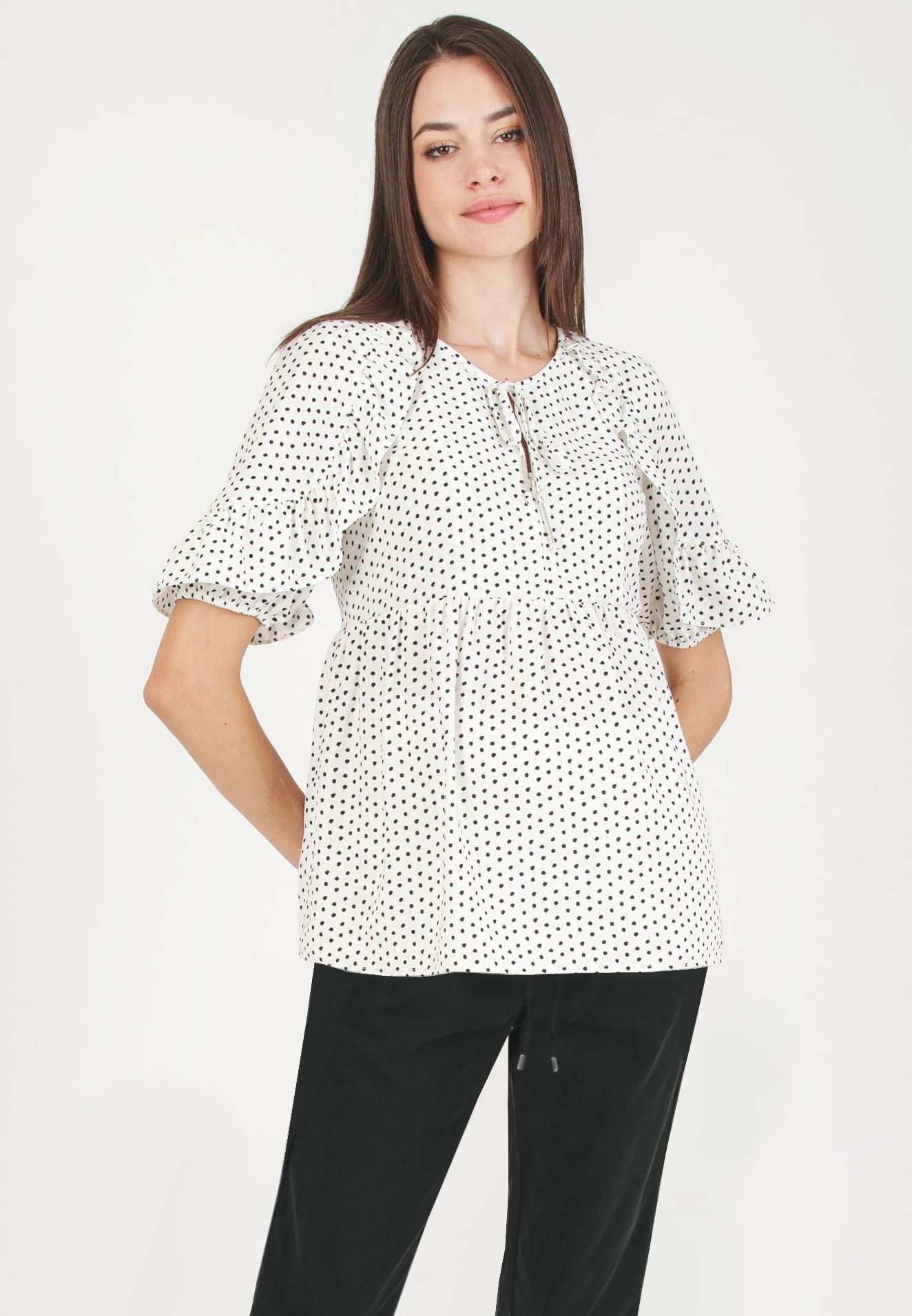 TINA M - Casacca premaman & Allattamento a Pois con Volant (Bianco Ottico, XS)