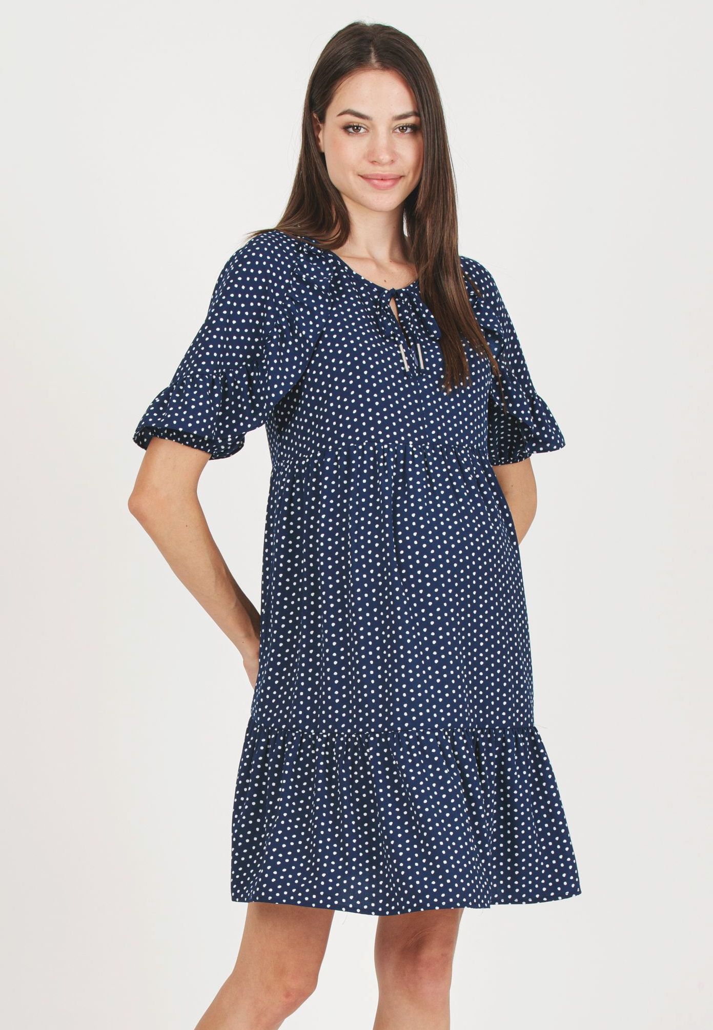 TINA - Maternity & Nursing Dress with Ruffles on the Sleeves and Flounced Skirt (Blue, XS)