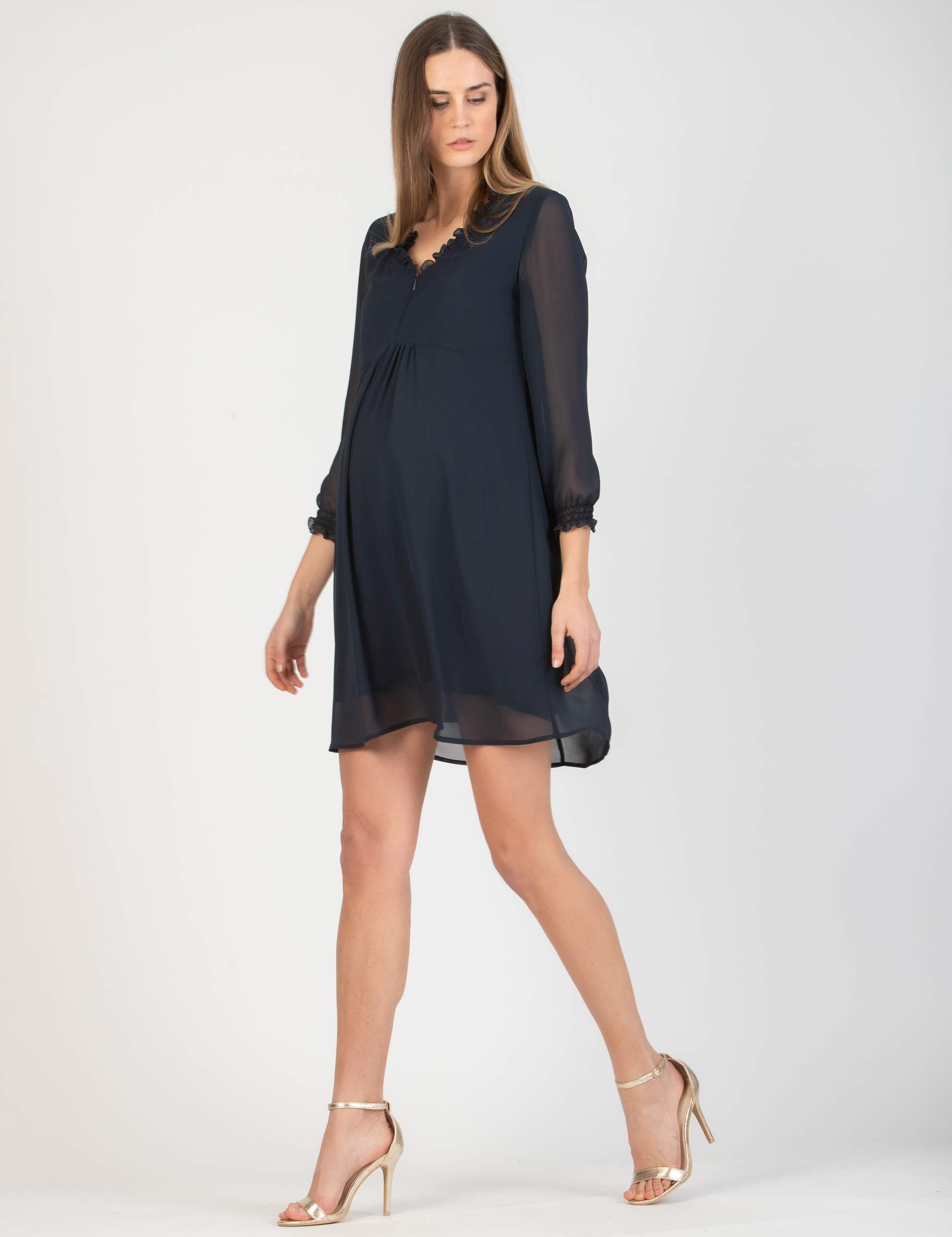 DIANA - Chiffon Maternity & Nursing Dress with Ruffle Trims on the Neck (Dark Blue, XS)