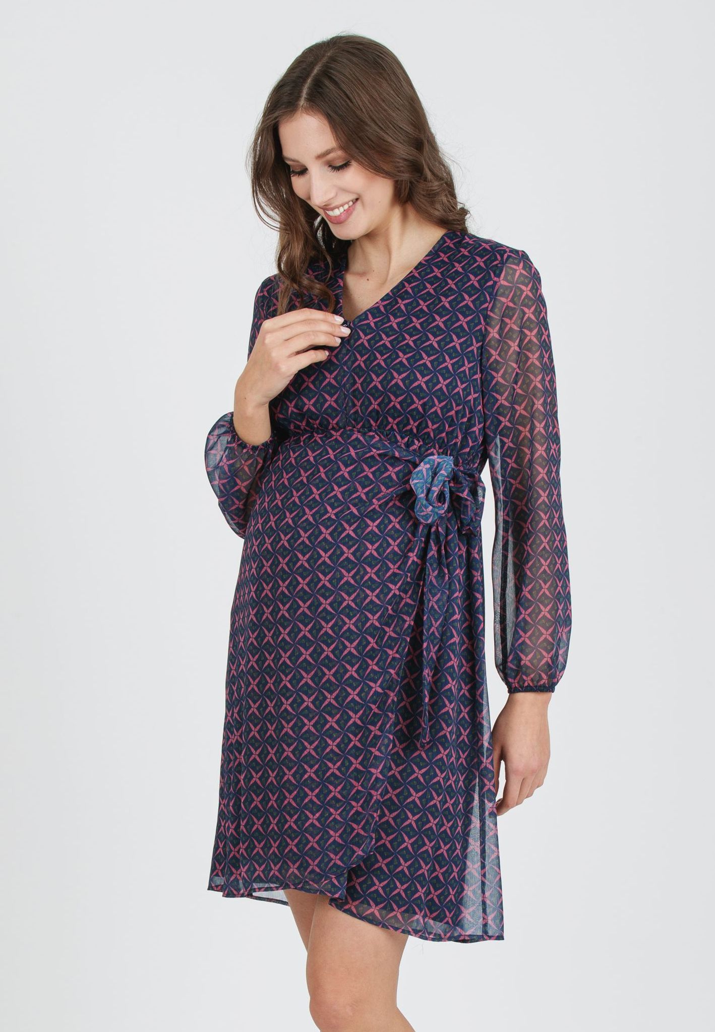 VIVIAN - Printed Chiffon Maternity & Nursing Dress with Draped Crossoover Skirt (Blue, XS)