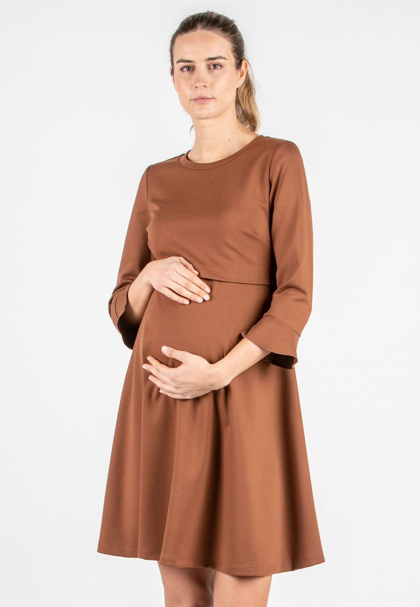 DAFNE – Flared Maternity & Nursing Dress with Back Button Detail (Caramello, XS)