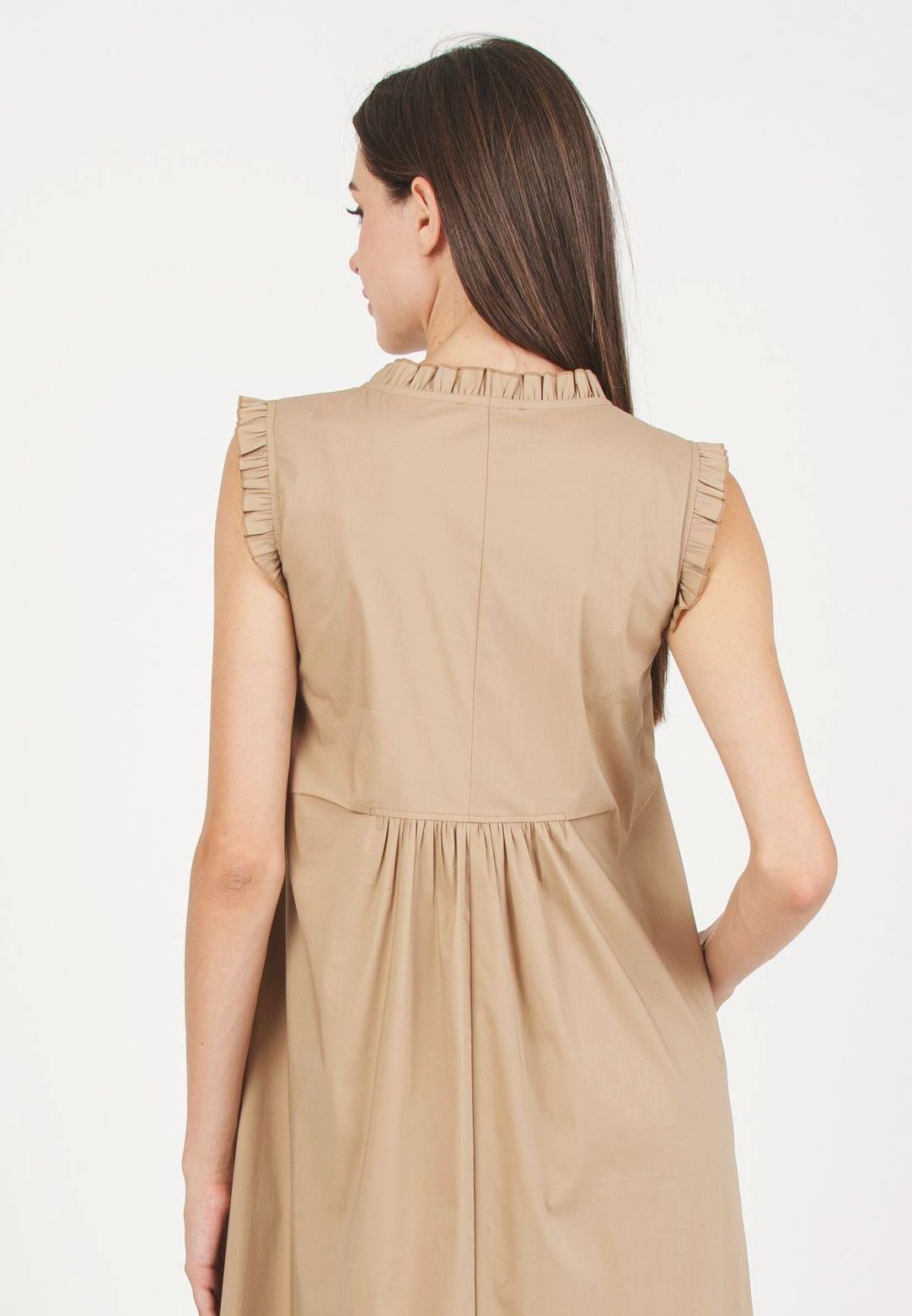 SOFIA MIDI - Maternity Midi Dress in Cotton Poplin with Ruffles (Camel, XS)