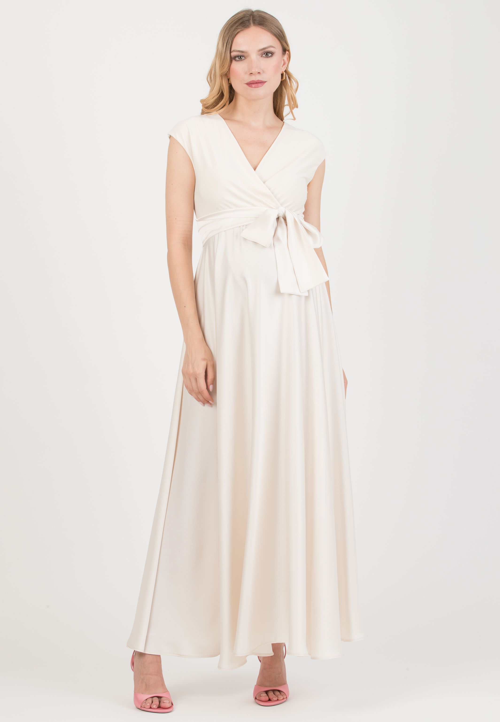 LUCREZIA - Maternity & Nursing Maxi Dress with Satin Skirt (Natural, XS)